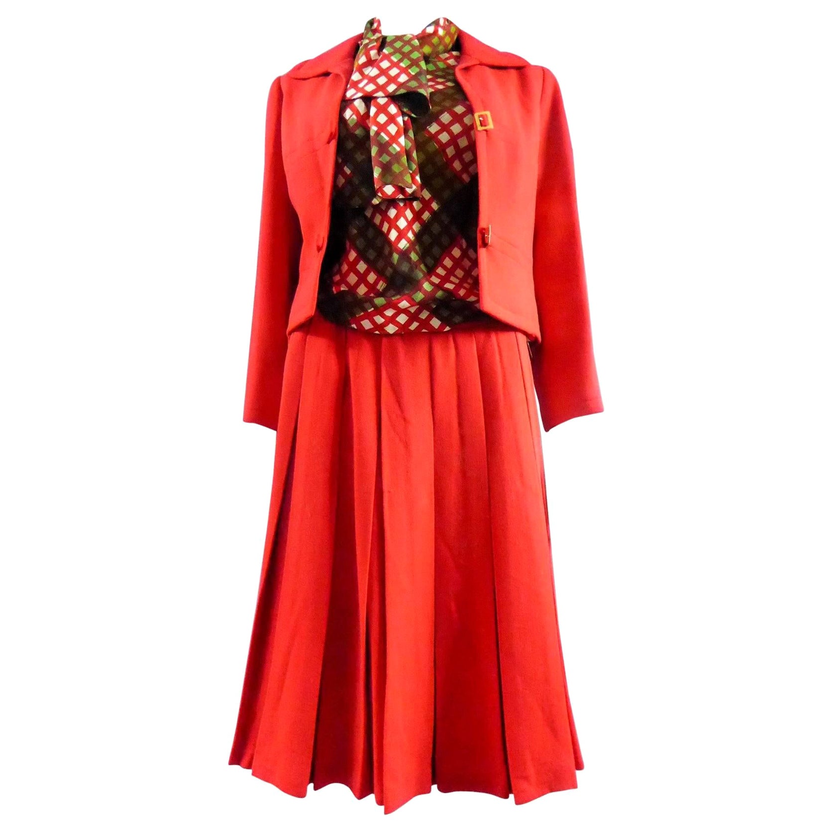 Pierre Balmain red Silk jacket and pleated skirt suit Ensemble, Circa 1965-1970 For Sale