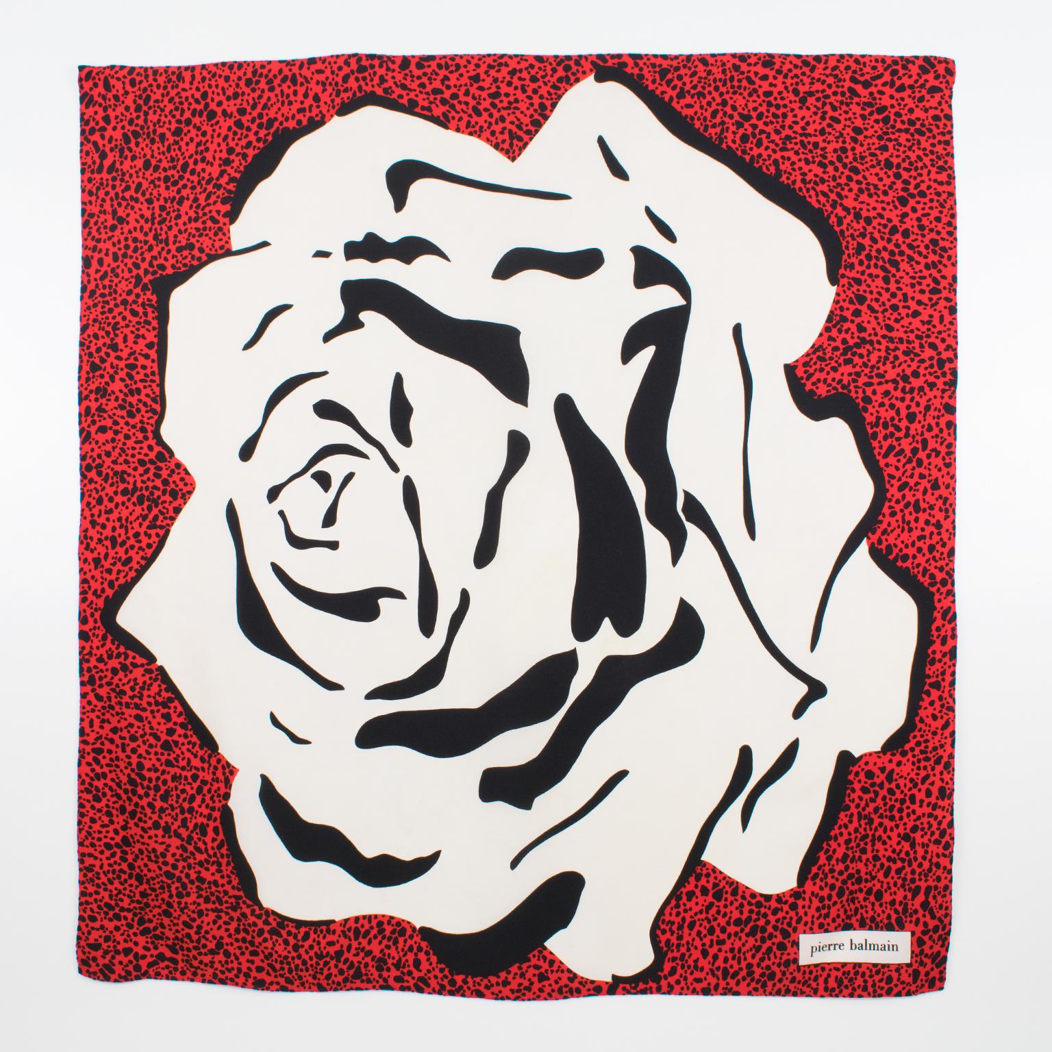 Pierre Balmain Silk Scarf Oversized Black and Red Rose Print In Good Condition In Atlanta, GA