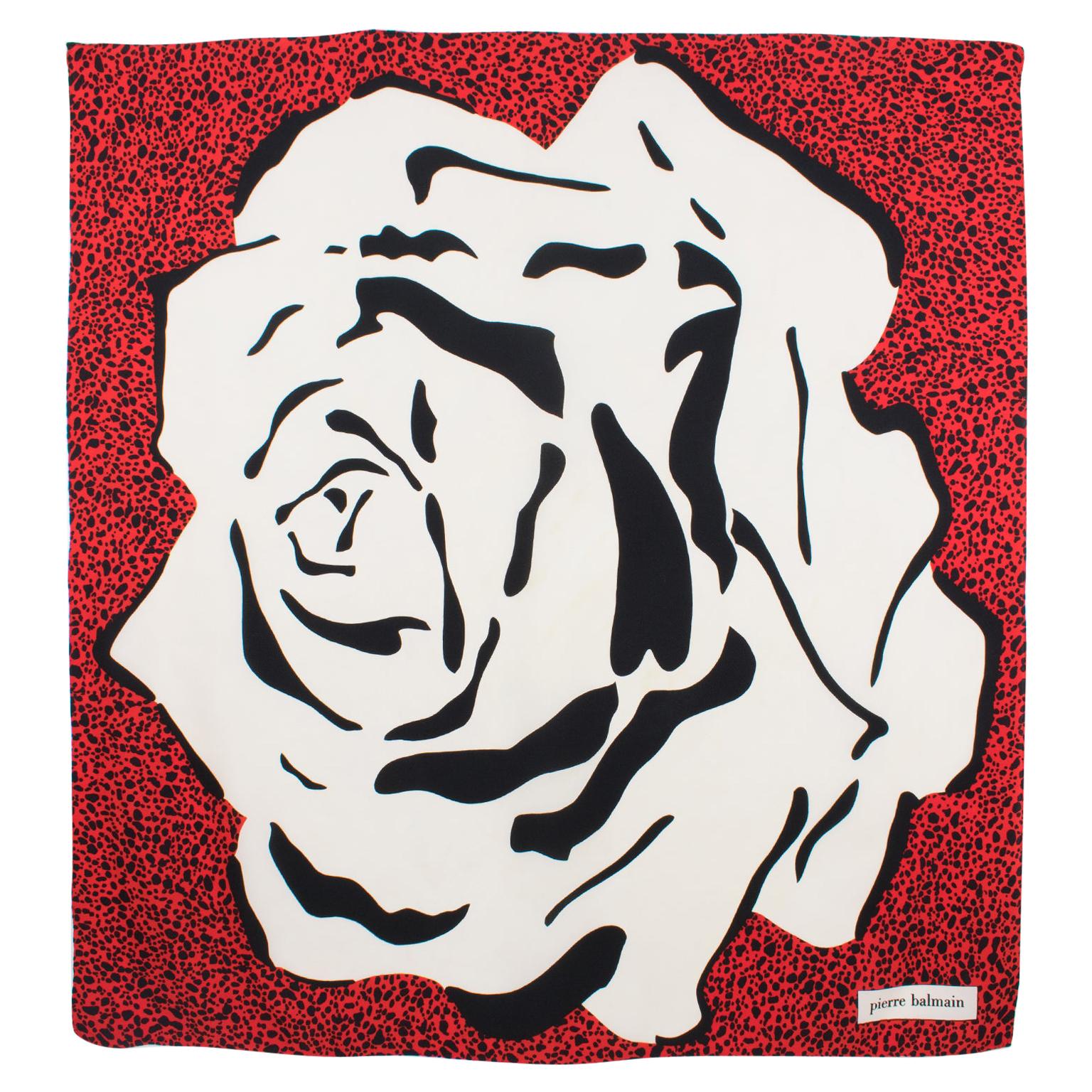 Pierre Balmain Silk Scarf Oversized Black and Red Rose Print