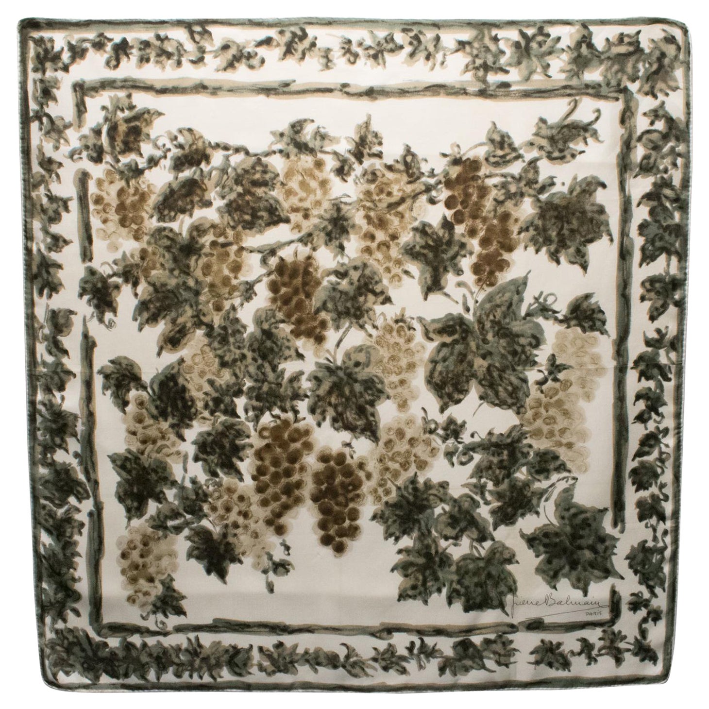 Pierre Balmain Silk Scarf Vineyard Print in Green and Brown, c1950 For Sale