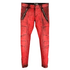 Used PIERRE BALMAIN Size 28 Red Black Wash Denim Zip Up Jeans