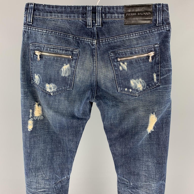 PIERRE BALMAIN Size 30 Indigo Distressed Denim Zip Fly Jeans at 1stDibs | balmain  jeans 30 000, pierre balmain jeans, 30 000 balmain jeans