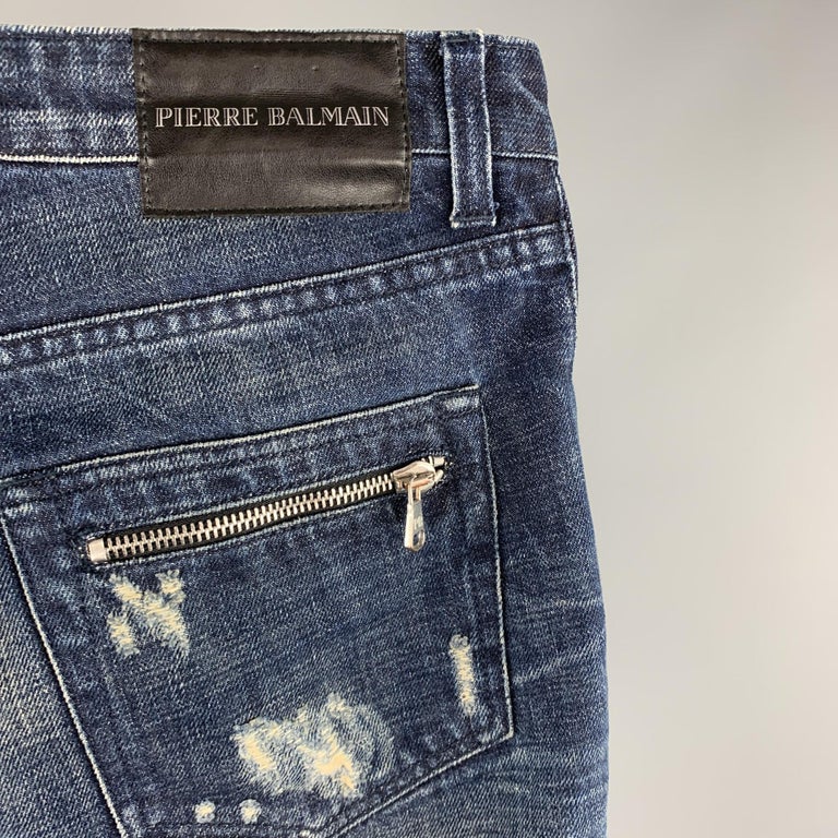 PIERRE BALMAIN Size 30 Indigo Distressed Denim Zip Fly Jeans at 1stDibs | balmain  jeans 30 000, pierre balmain jeans, 30 000 balmain jeans