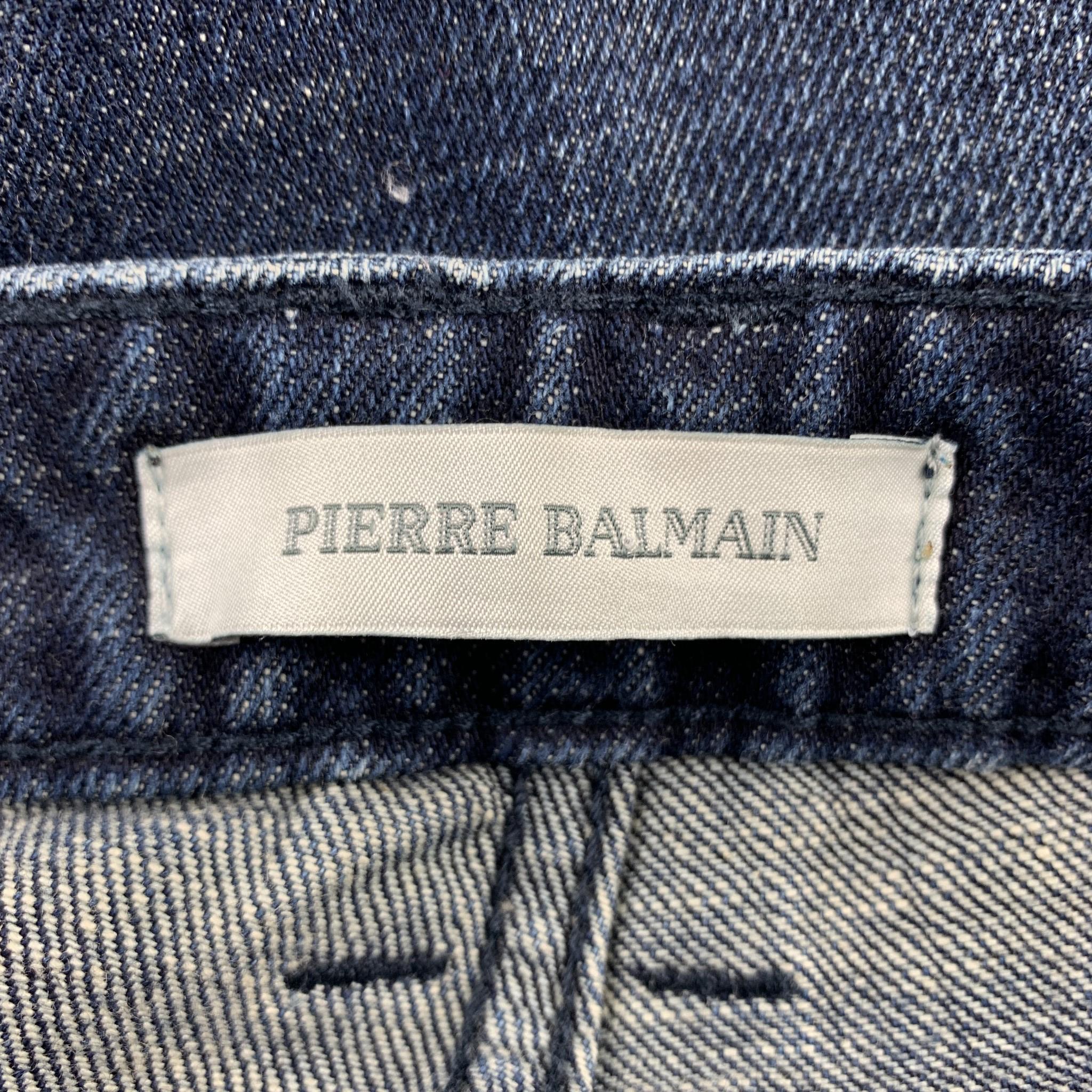 Black PIERRE BALMAIN Size 30 Indigo Distressed Denim Zip Fly Jeans