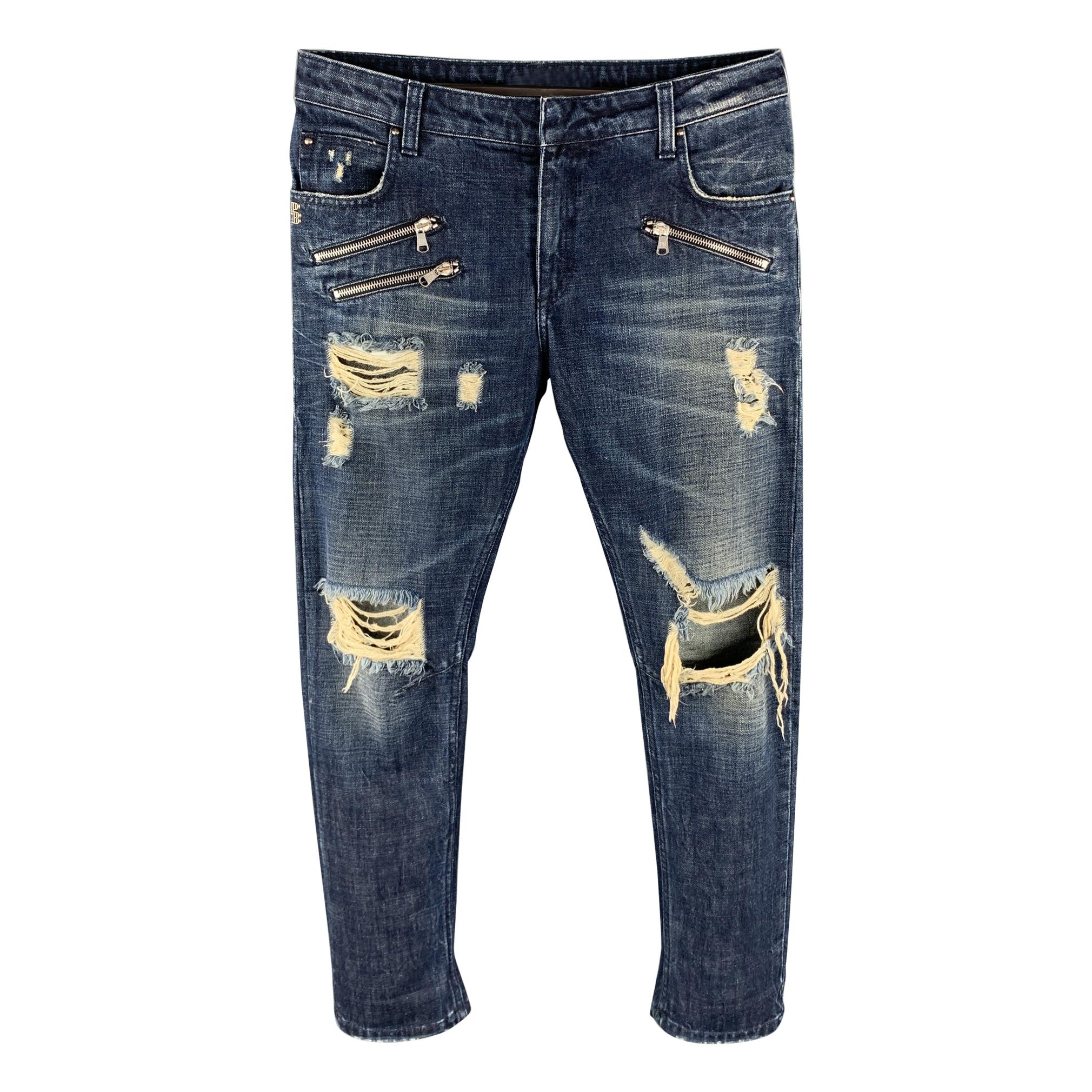 PIERRE BALMAIN Size 30 Indigo Distressed Denim Zip Fly Jeans at 1stDibs