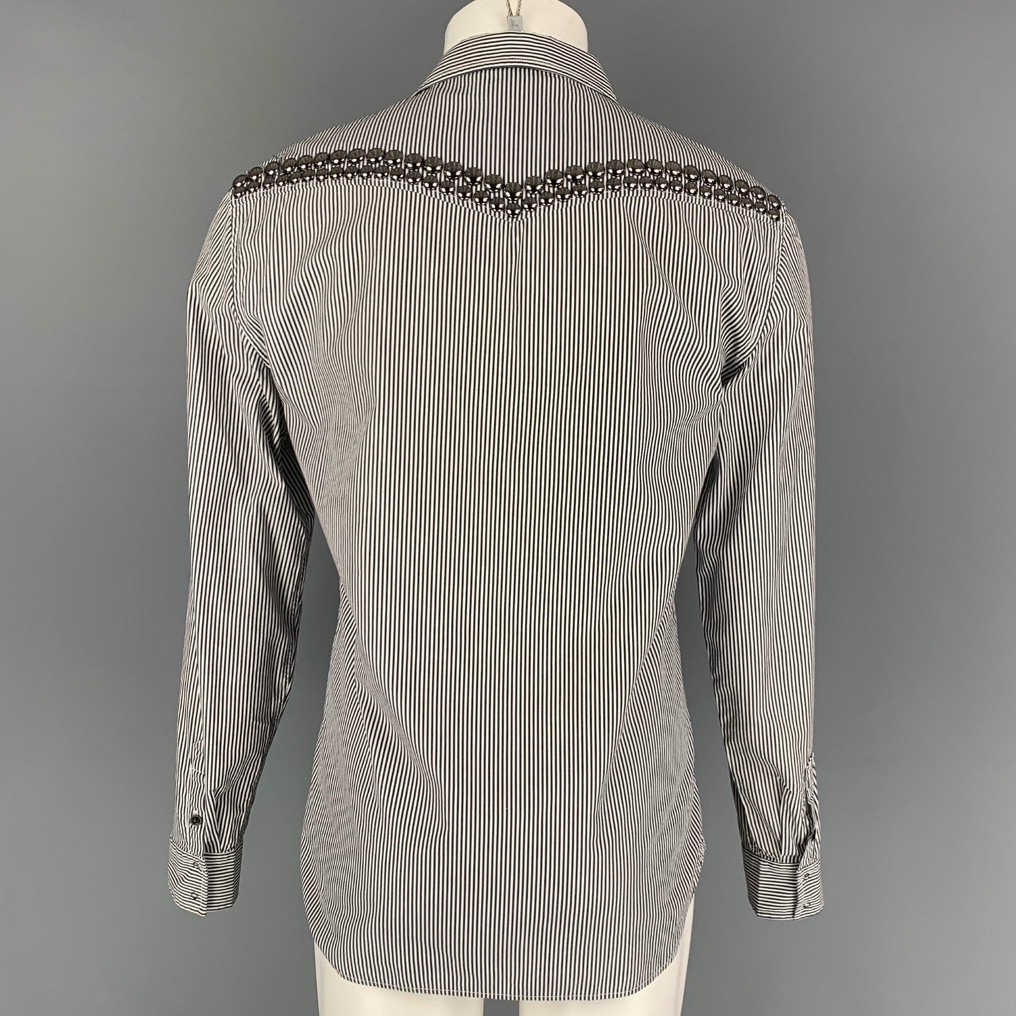 Men's PIERRE BALMAIN Size M Black & White Silver Stripe Cotton Long Sleeve Shirt For Sale