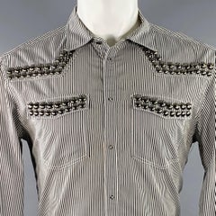 PIERRE BALMAIN Size M Silver Black White Stripe Studded Cotton Long Sleeve Shirt