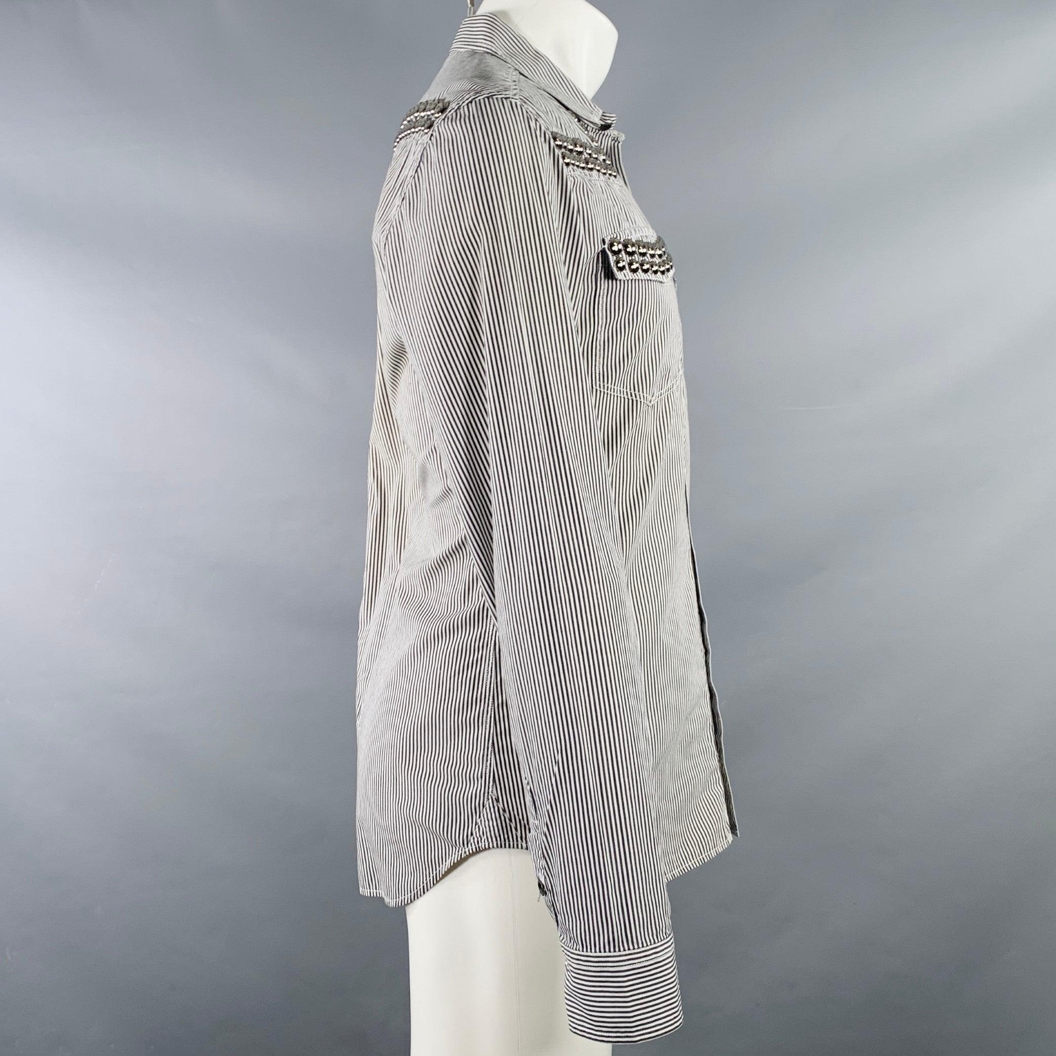 Gray PIERRE BALMAIN Size M Silver Black White Stripe Studded Cotton Long Sleeve Shirt For Sale