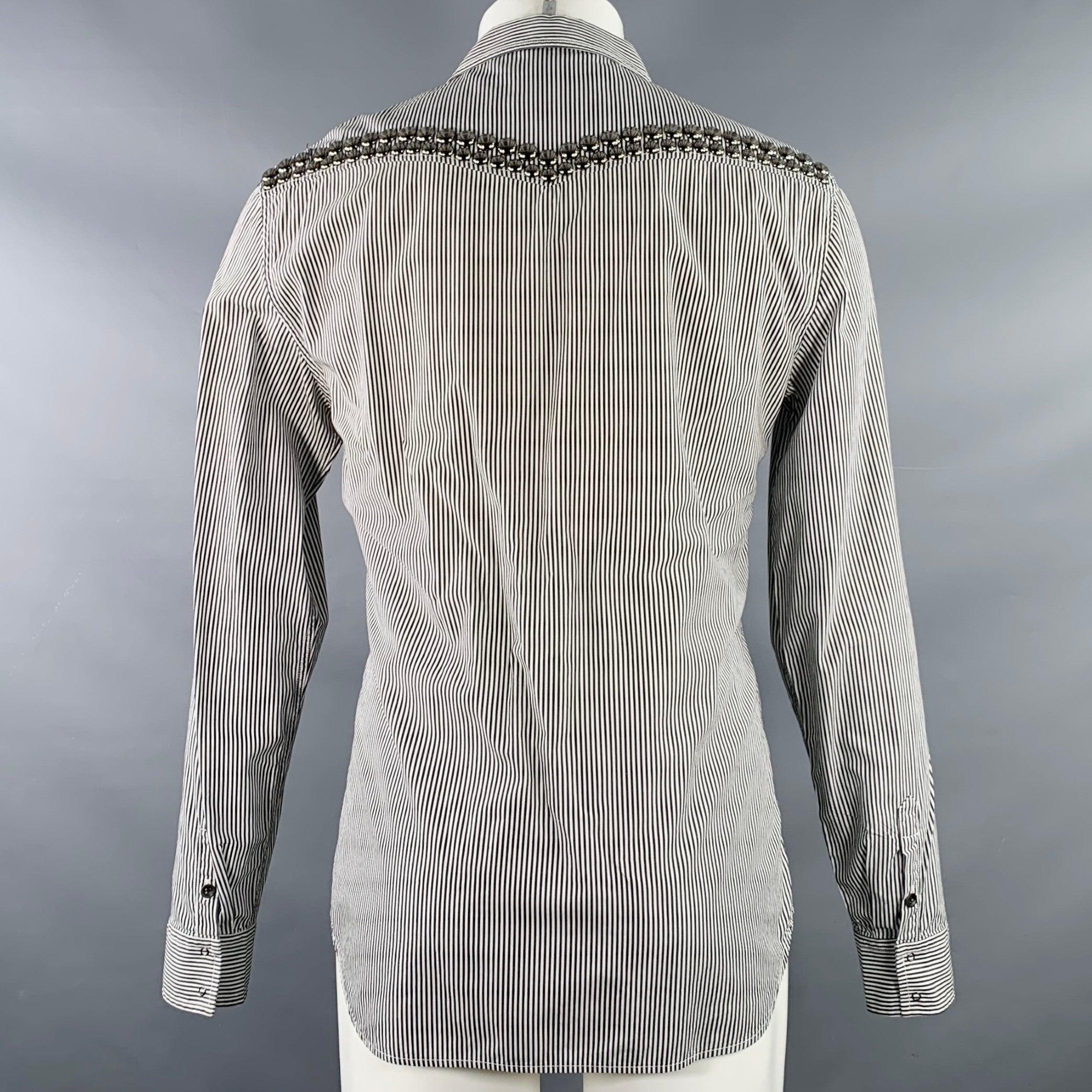 PIERRE BALMAIN Size M Silver Black White Stripe Studded Cotton Long Sleeve Shirt In Good Condition For Sale In San Francisco, CA