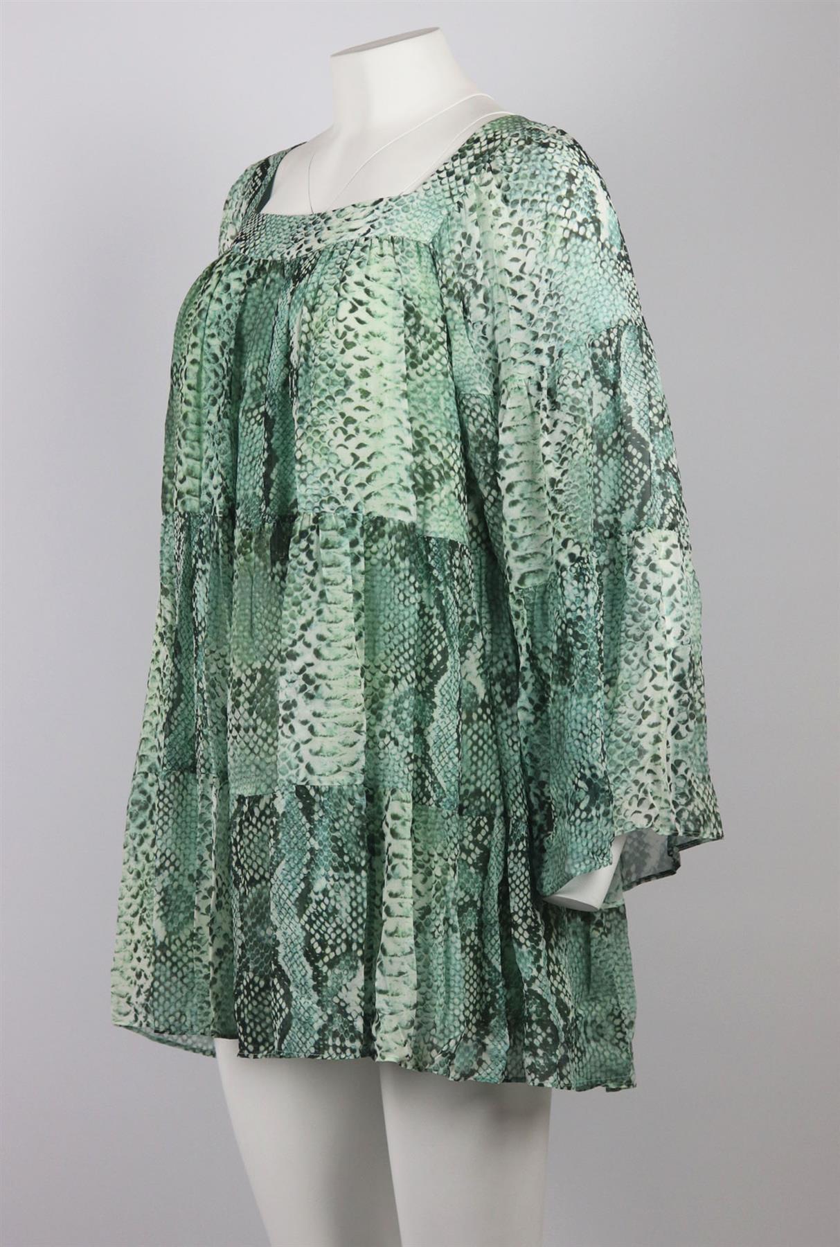 Pierre Balmain's snake-print silk-chiffon dress is at once modest and feminine, defined by a ruched-tiered silhouette and gently puffed sleeves that falls gently over your silhouette. Tonal-green and black silk-chiffon. Slips on. 100% Silk.Size: FR
