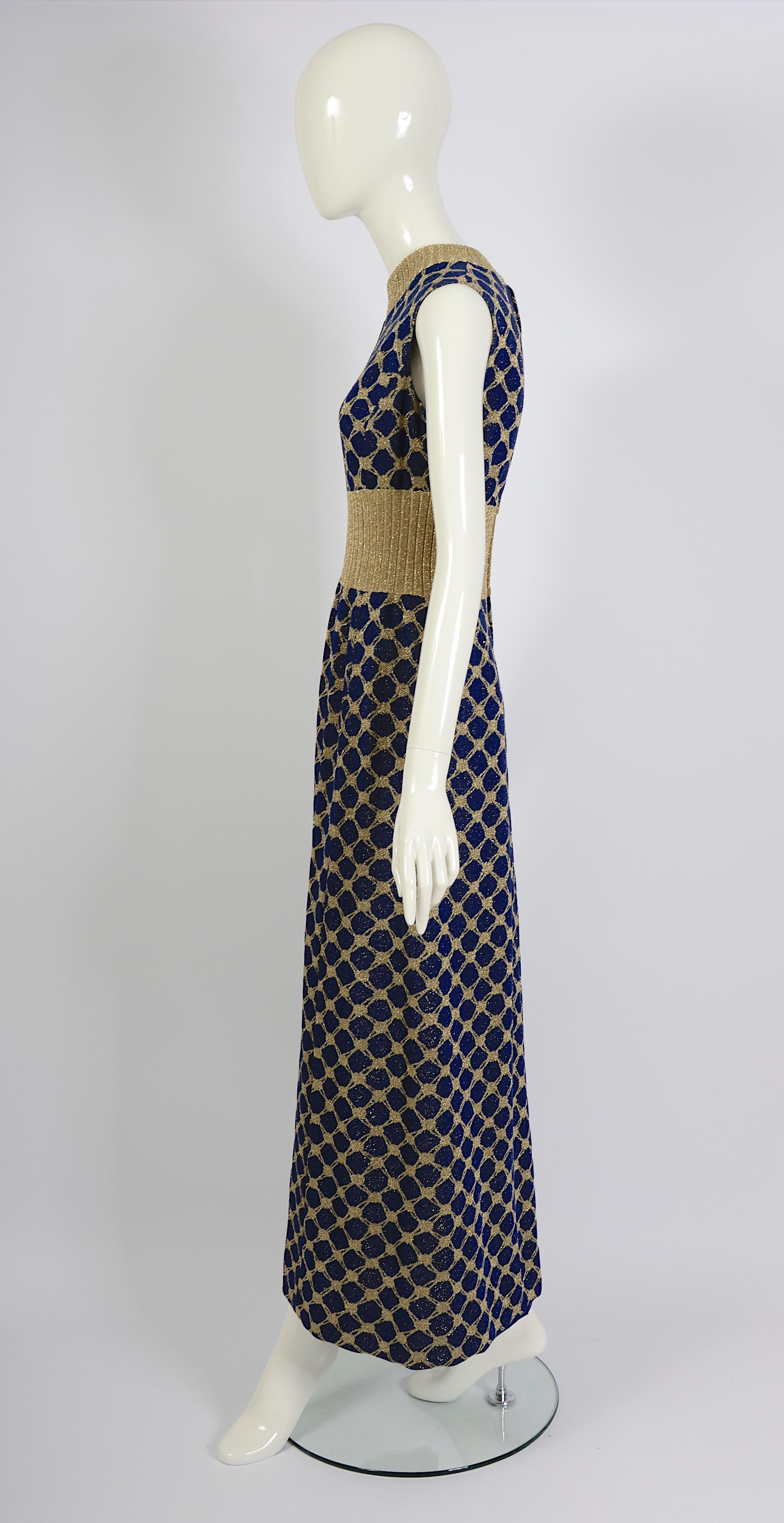 Pierre Balmain Tricot Vintage Early 1970s Blue & Gold Jersey Knit Long Dress For Sale 5
