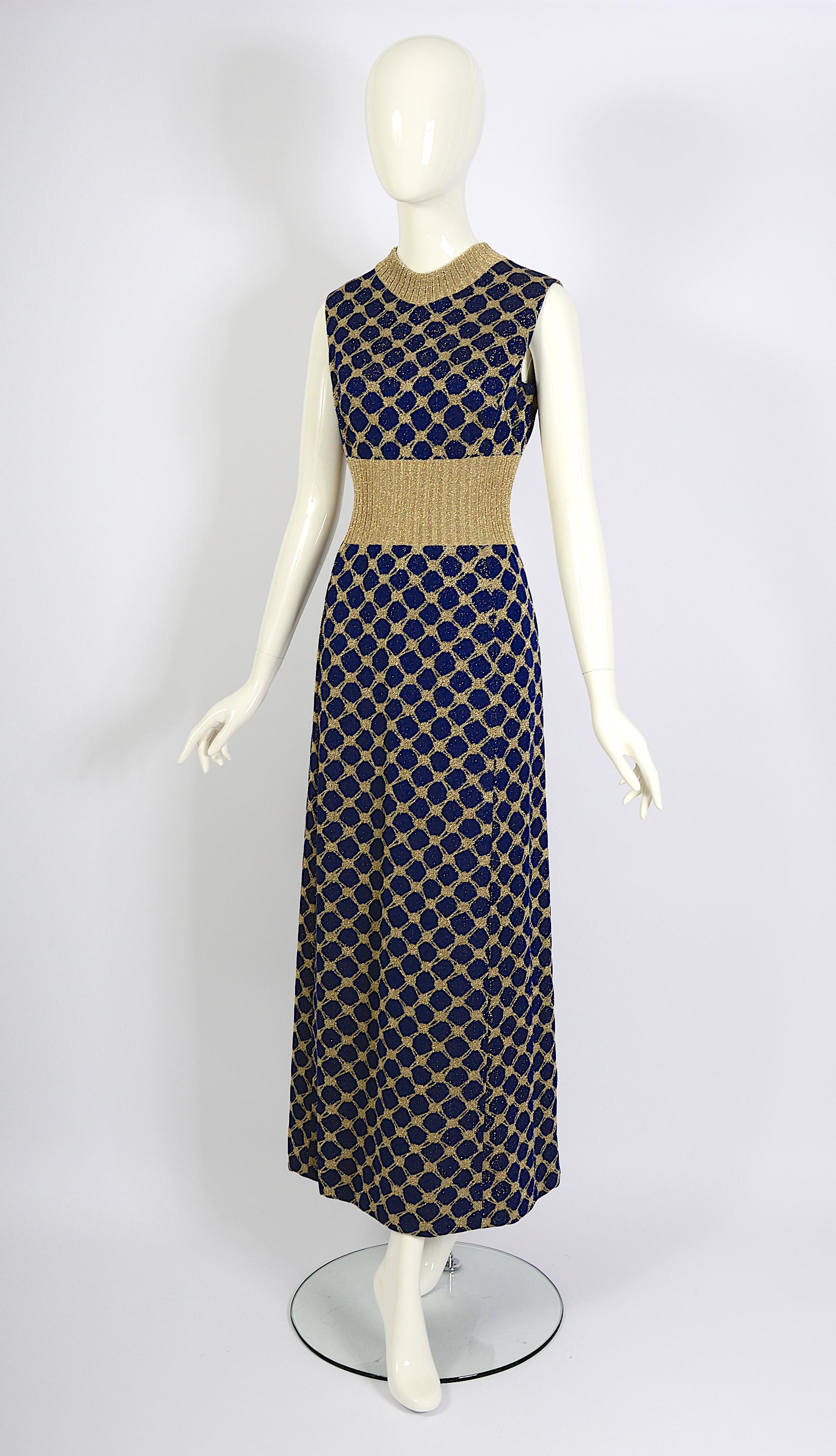 Pierre Balmain Tricot Vintage Early 1970s Blue & Gold Jersey Knit Long Dress For Sale 6