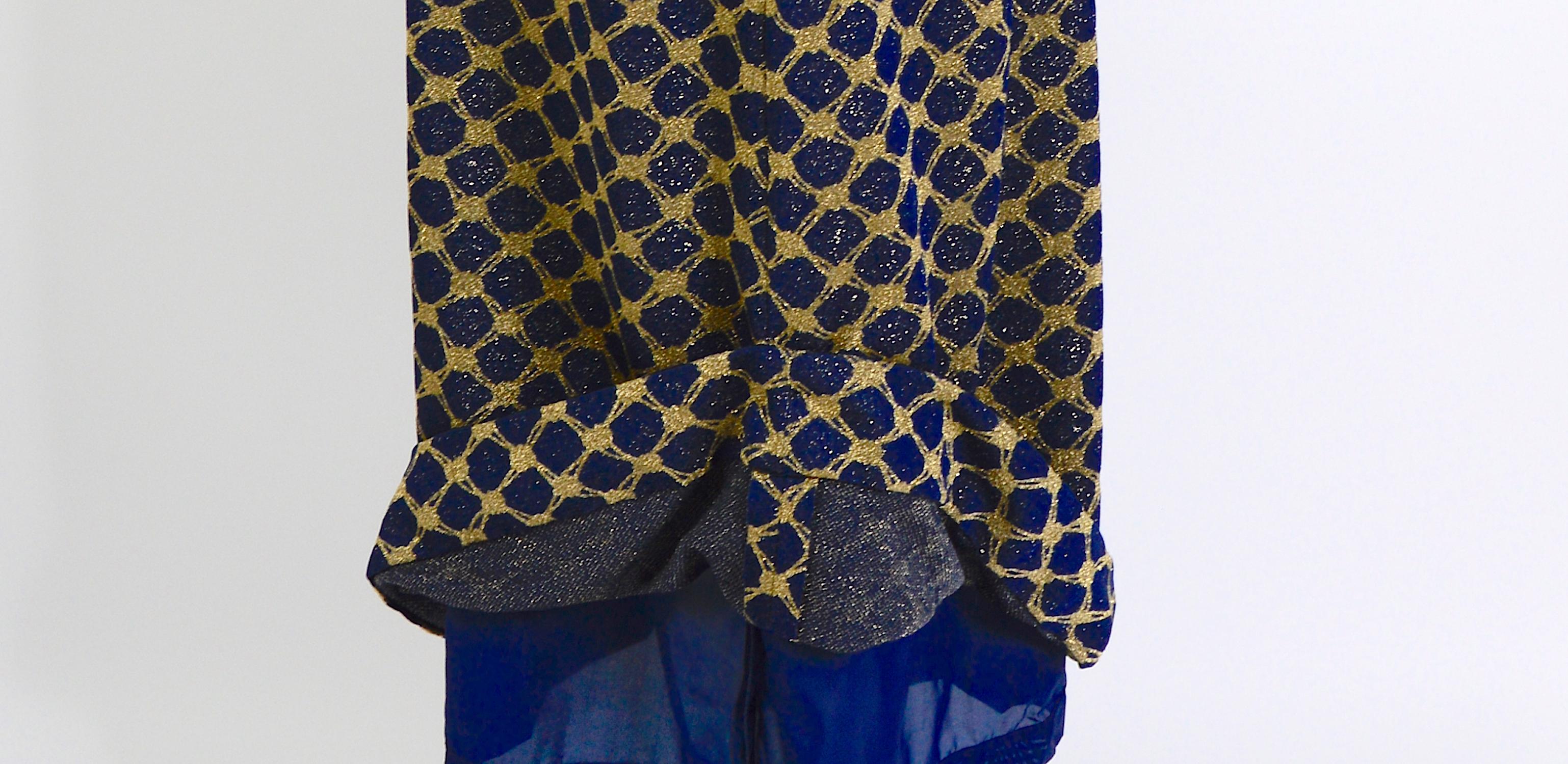Pierre Balmain Tricot Vintage Early 1970s Blue & Gold Jersey Knit Long Dress For Sale 7