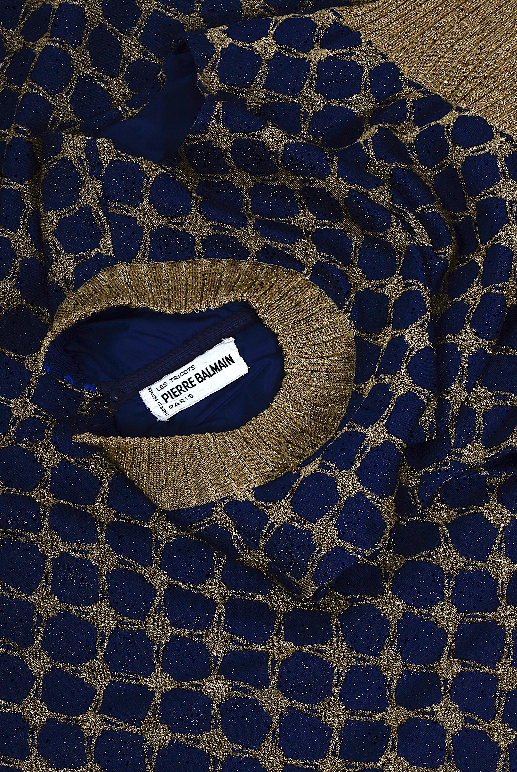 Pierre Balmain Tricot Vintage Early 1970s Blue & Gold Jersey Knit Long Dress For Sale 8