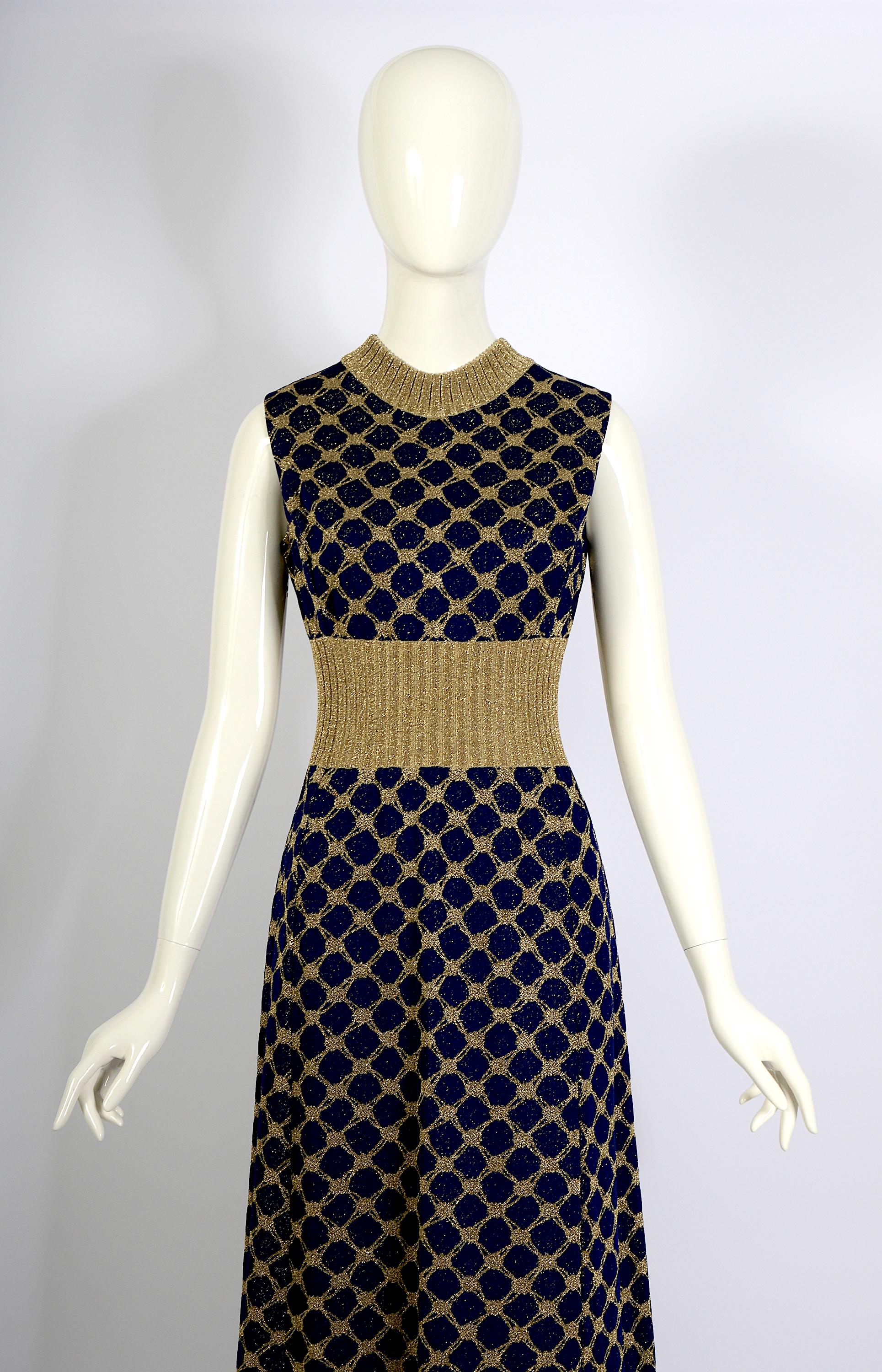 Black Pierre Balmain Tricot Vintage Early 1970s Blue & Gold Jersey Knit Long Dress For Sale