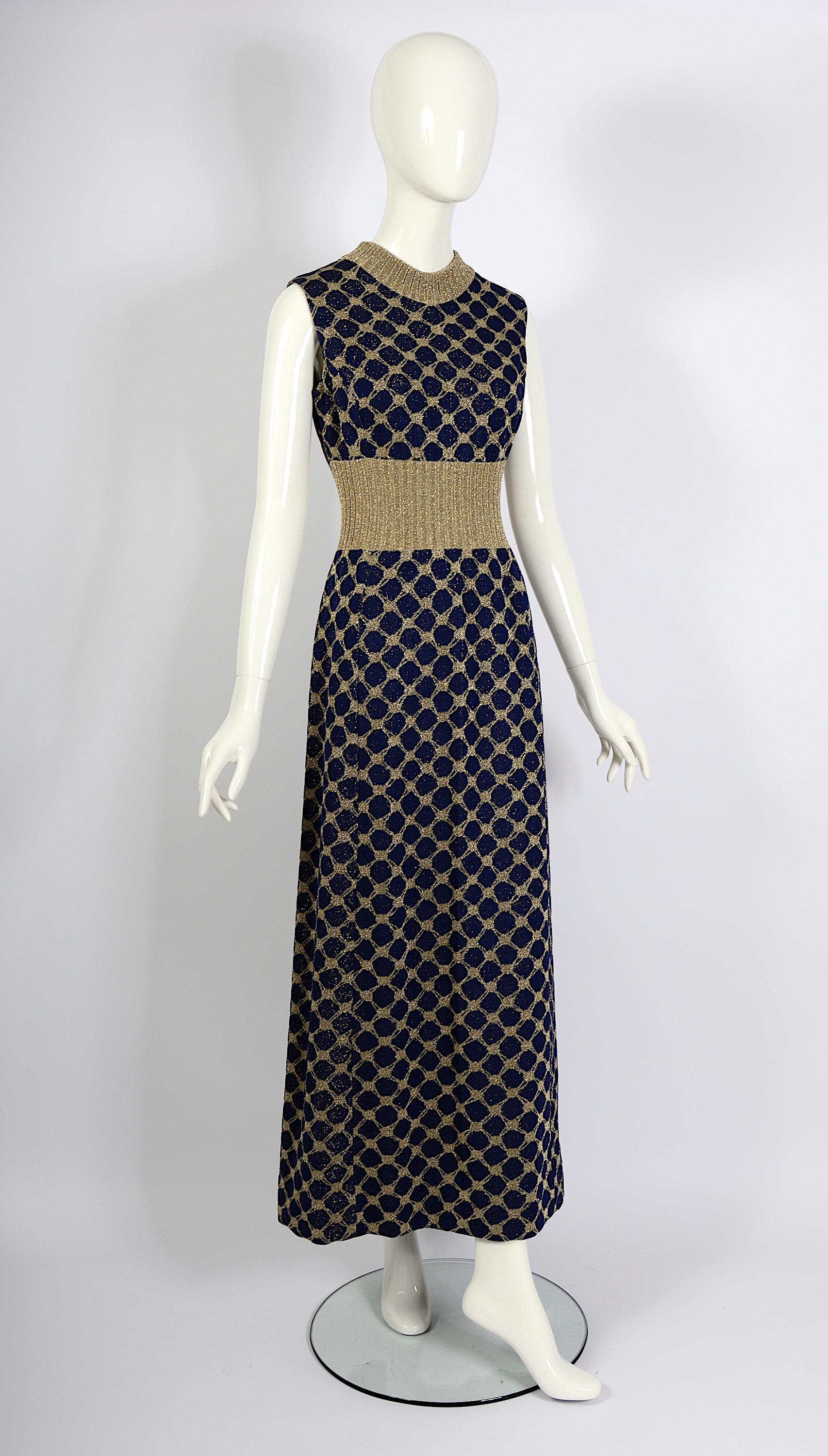 Women's or Men's Pierre Balmain Tricot Vintage Early 1970s Blue & Gold Jersey Knit Long Dress For Sale