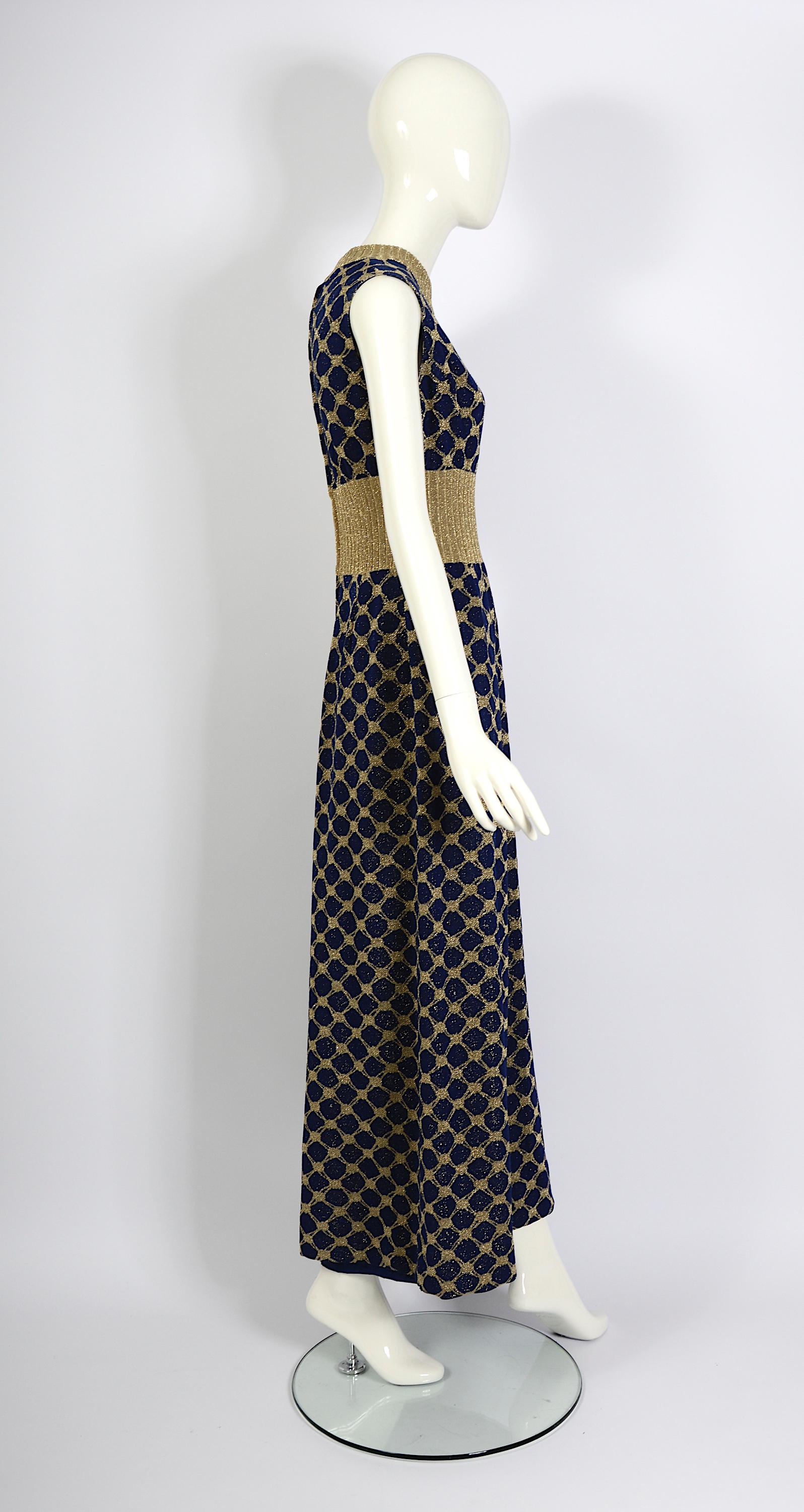 Pierre Balmain Tricot Vintage Early 1970s Blue & Gold Jersey Knit Long Dress For Sale 1