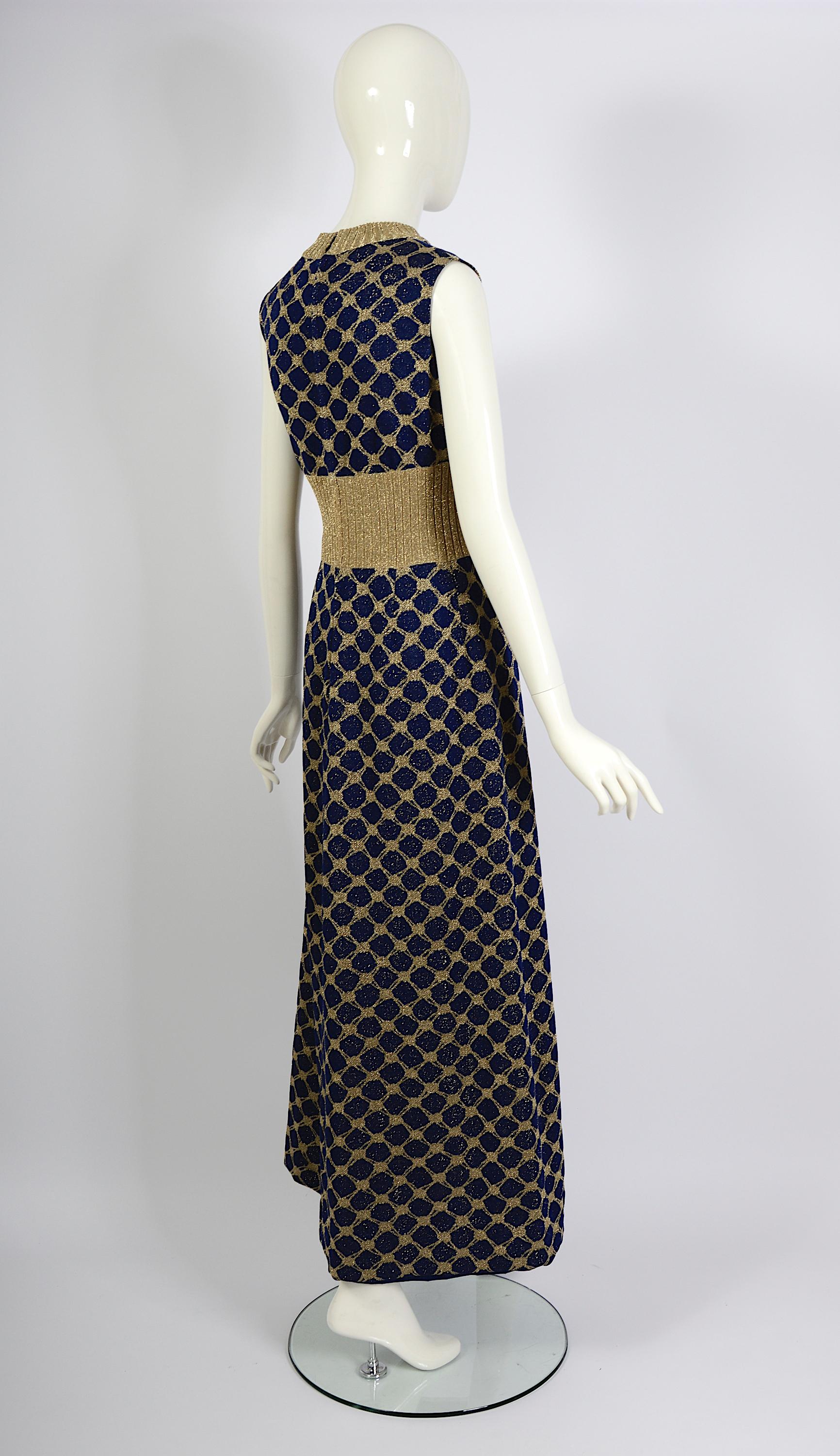 Pierre Balmain Tricot Vintage Early 1970s Blue & Gold Jersey Knit Long Dress For Sale 2