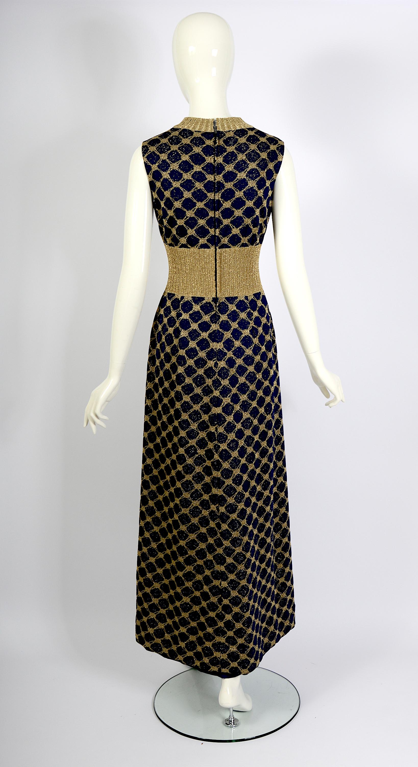 Pierre Balmain Tricot Vintage Early 1970s Blue & Gold Jersey Knit Long Dress For Sale 3