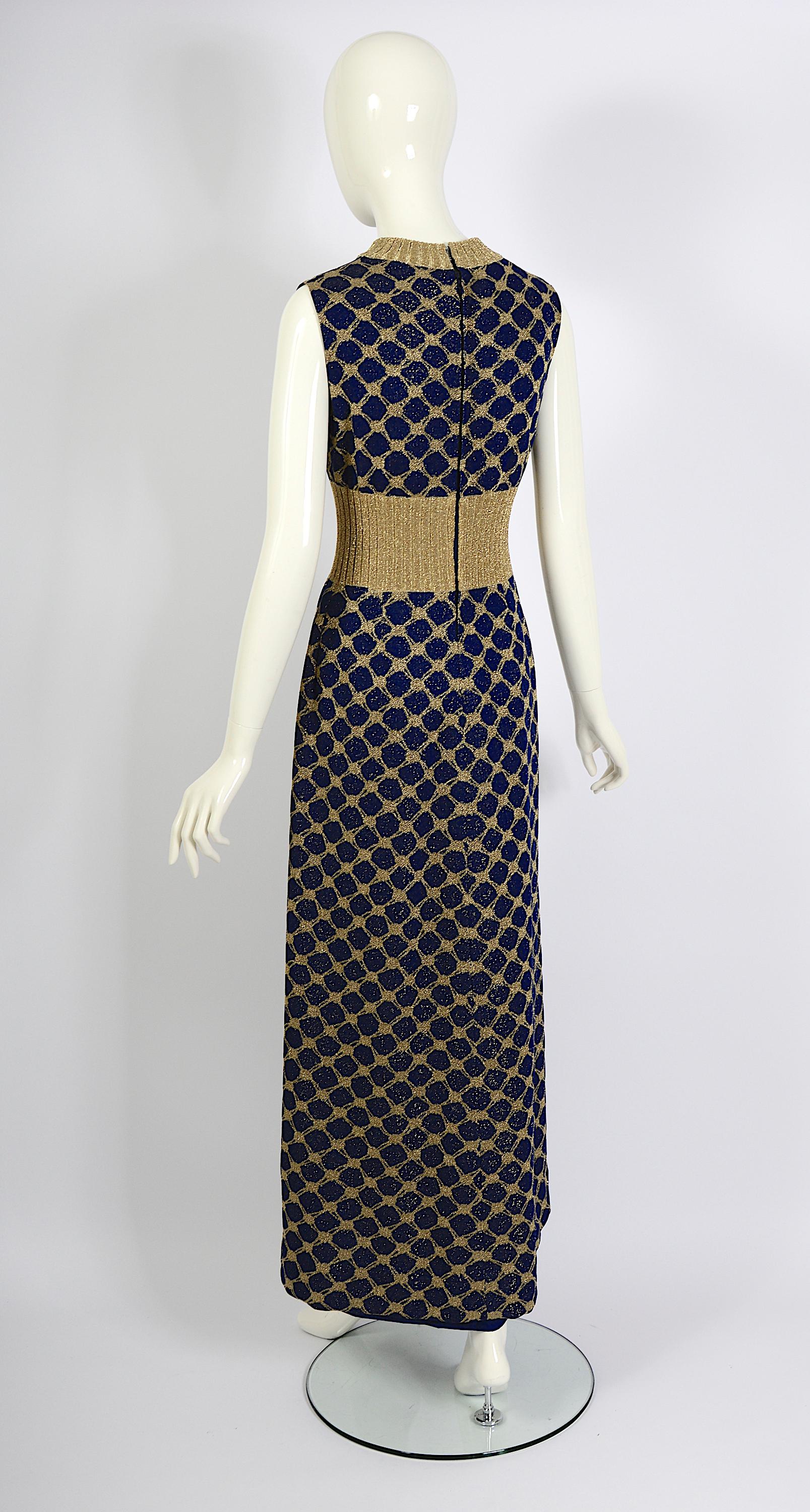 Pierre Balmain Tricot Vintage Early 1970s Blue & Gold Jersey Knit Long Dress For Sale 4