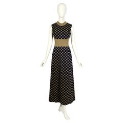Pierre Balmain Tricot Antique Early 1970s Blue & Gold Jersey Knit Long Dress