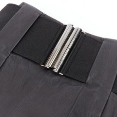 PIERRE BALMAIN Vintage black leather wide logo elastic belt A-line skirt FR38 M