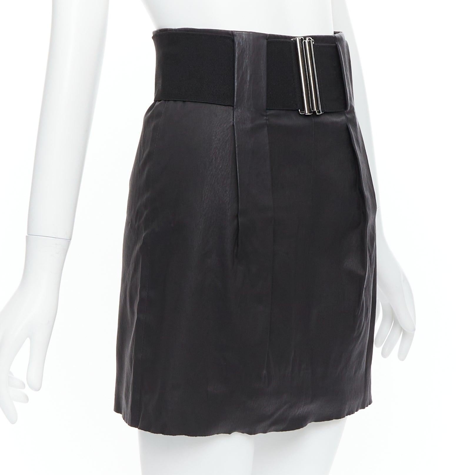 Black PIERRE BALMAIN Vintage black leather wide logo elastic belt A-line skirt FR38 M For Sale
