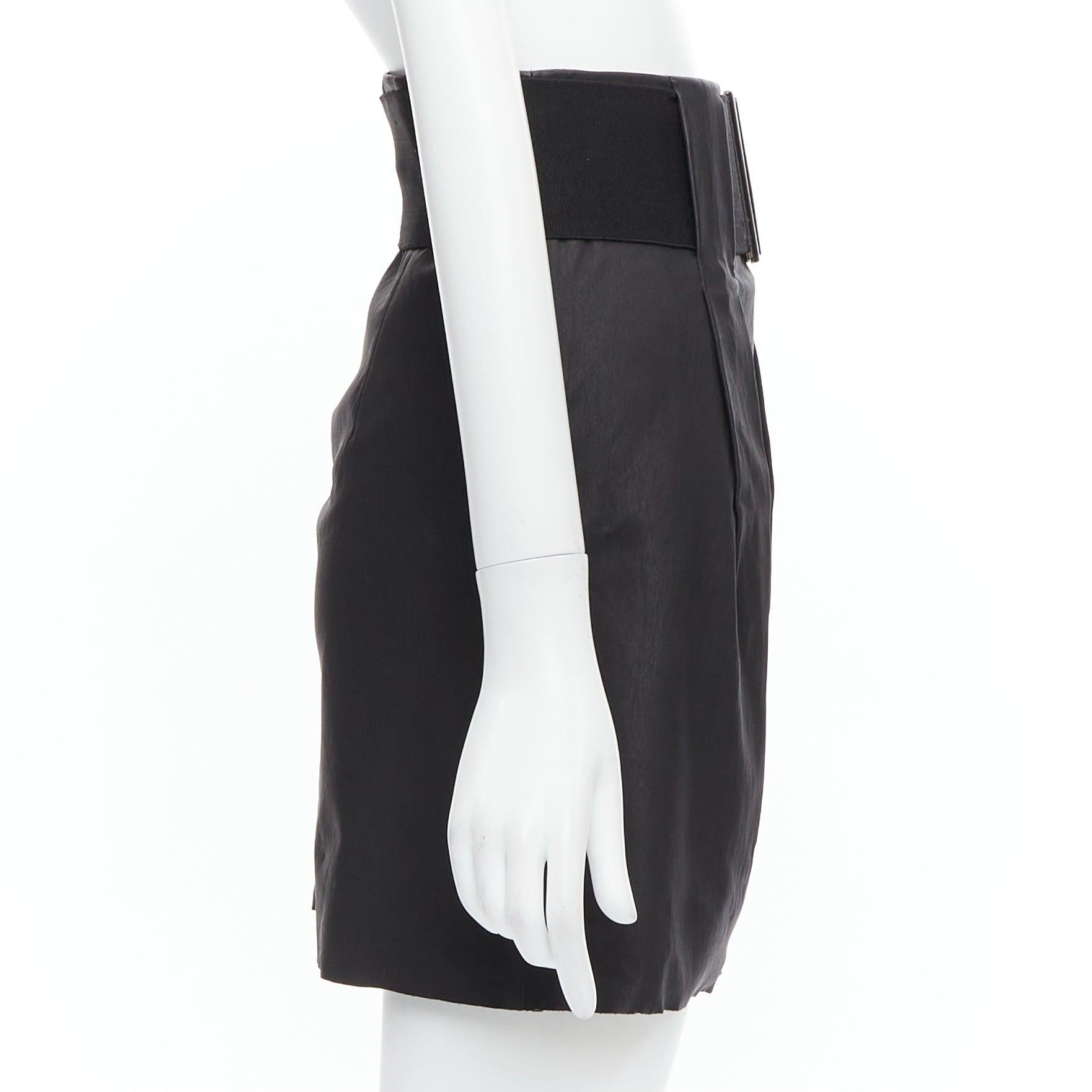 PIERRE BALMAIN Vintage black leather wide logo elastic belt A-line skirt FR38 M In Good Condition For Sale In Hong Kong, NT