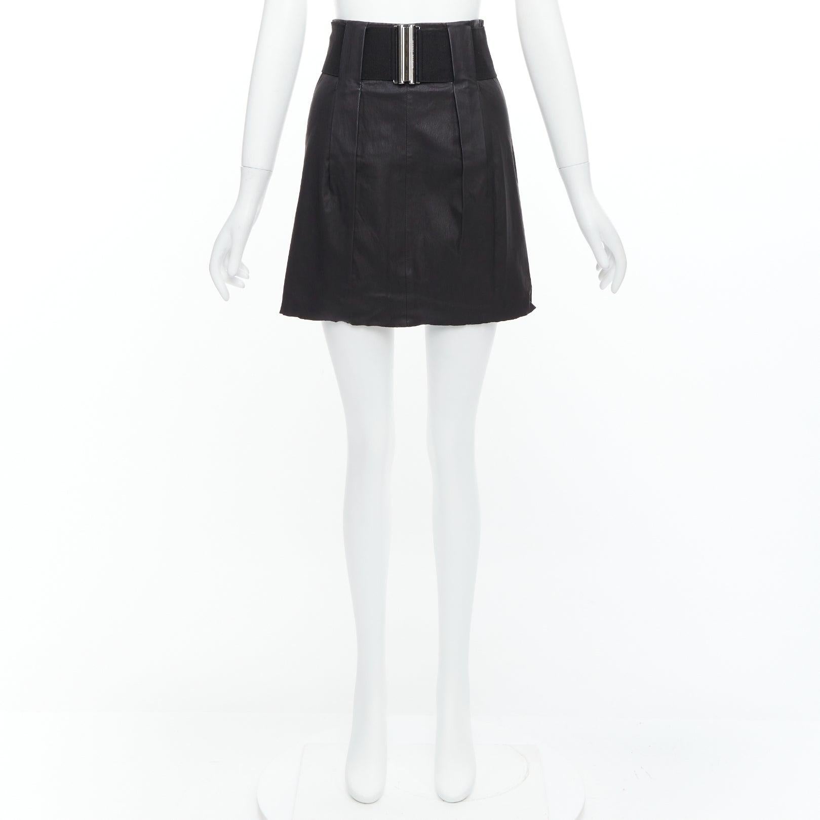 PIERRE BALMAIN Vintage black leather wide logo elastic belt A-line skirt FR38 M For Sale 3