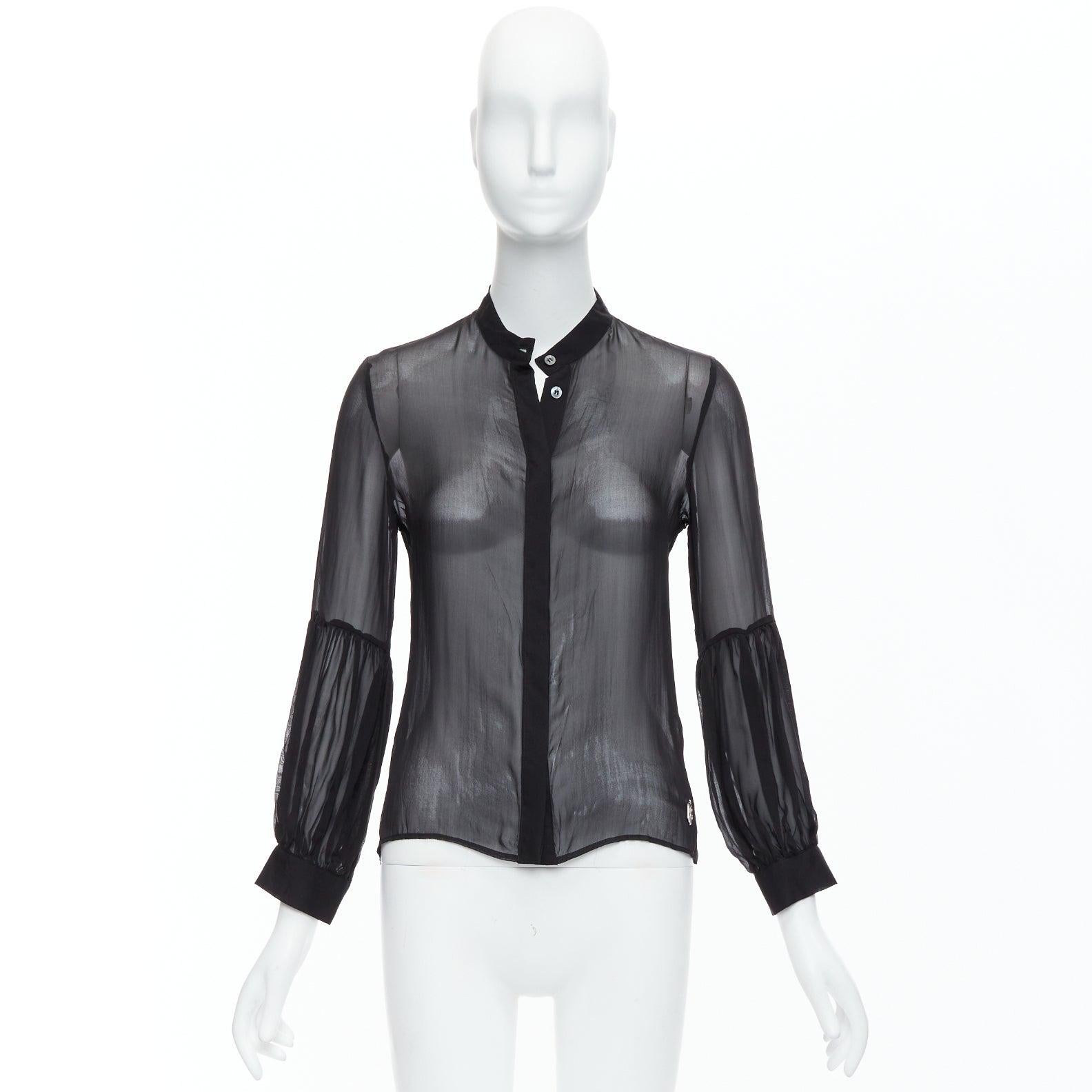 PIERRE BALMAIN Vintage black sheer silk balloon sleeve blouse Sz.24 FR38 S 4