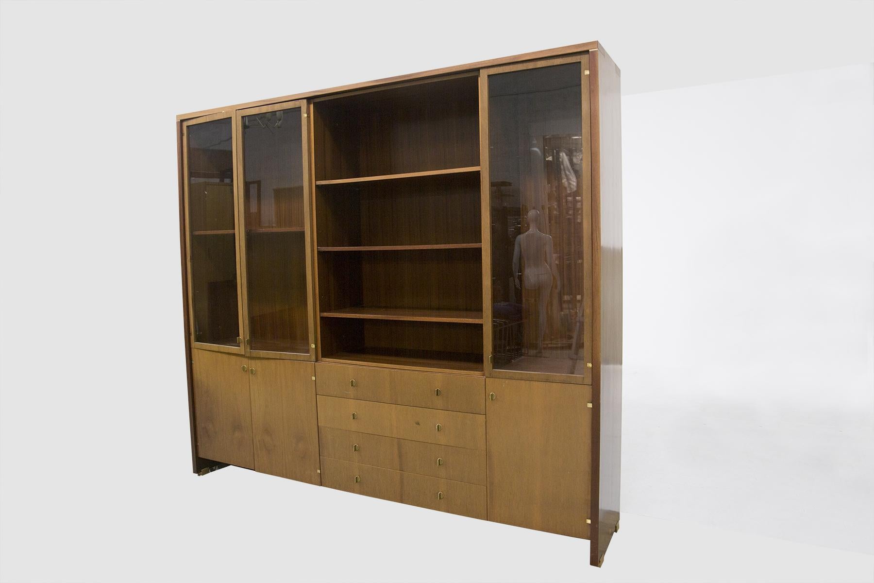 French Pierre Balmain Vintage Bookcase in Wood and Glass For Sale
