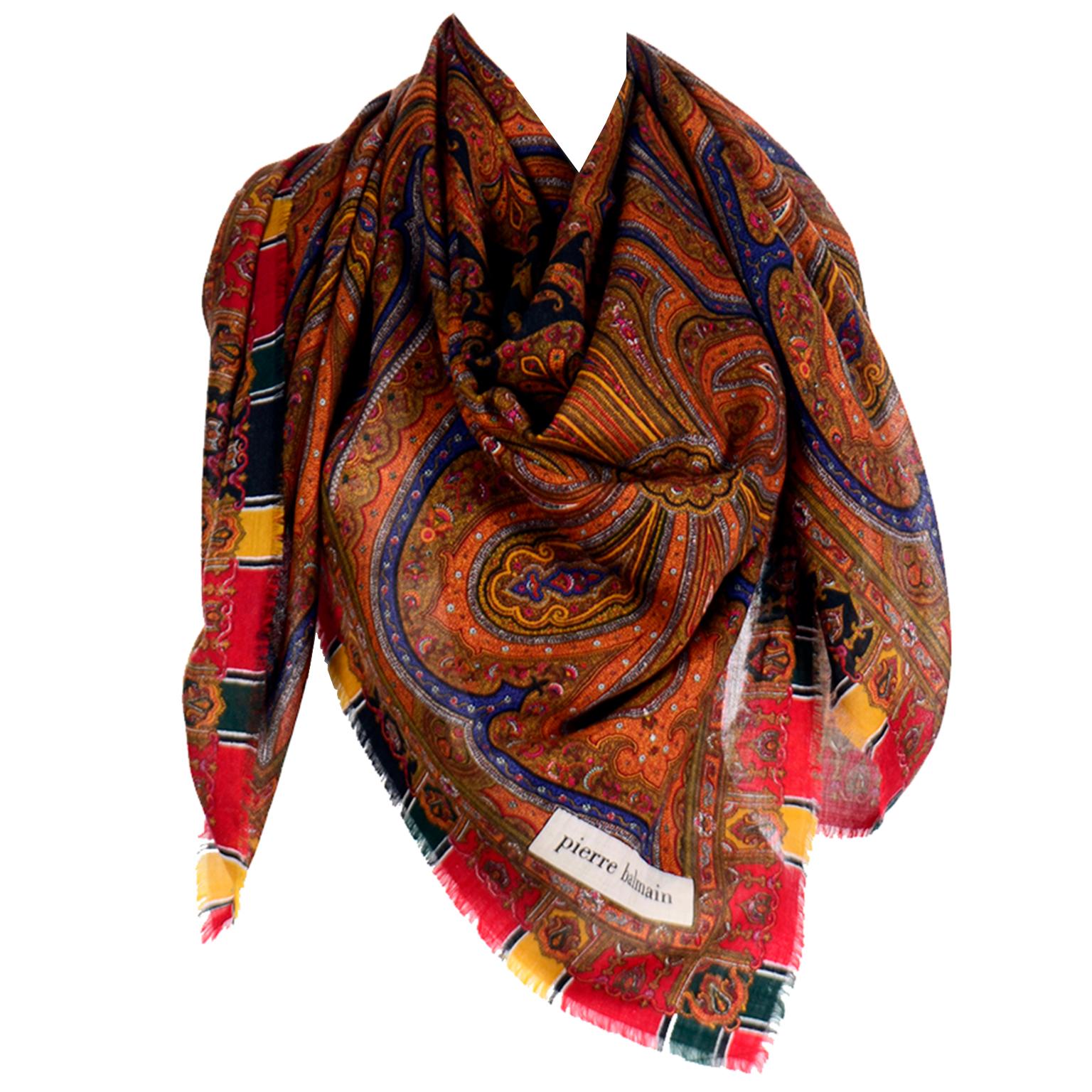 Pierre Balmain Vintage Colorful Paisley Wool Oversized Scarf