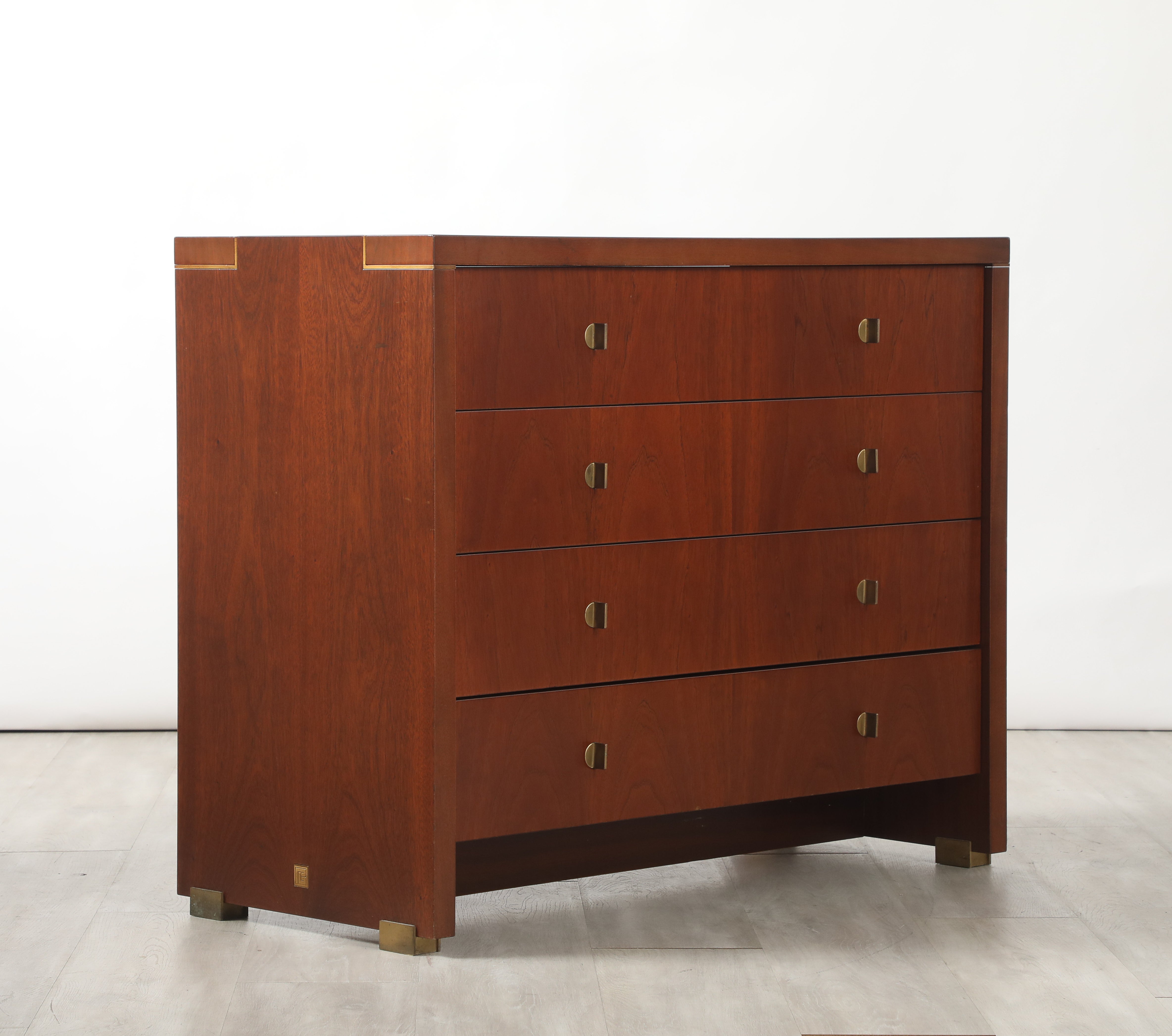 PIERRE BALMAIN (Saint-Jean-de-Maurienne, 1914 - Paris, 1982)

A walnut commode designed by Pierre Balmain, Paris, circa 1980.  Of very high quality, crafted with meticulous attention to detail, this four-drawer commode features a beautiful walnut