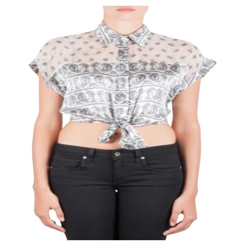 Pierre Balmain Blusa blanca de seda con estampado de cachemira y nudo semi transparente L en venta