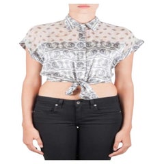 Pierre Balmain Blusa blanca de seda con estampado de cachemira y nudo semi transparente L