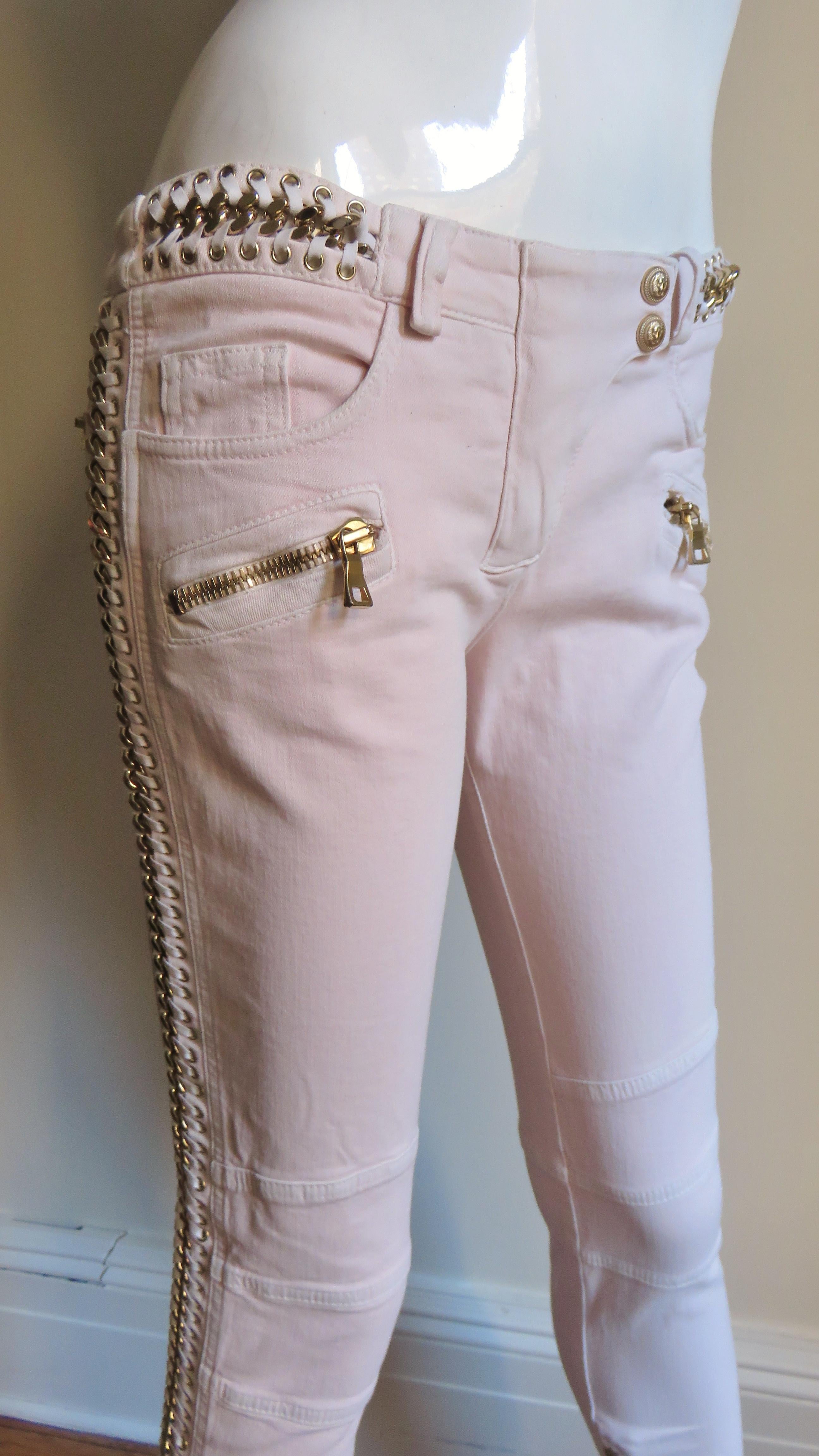 Gray Pierre Balmian New Jeans with Leather and Chain Leg Lacing For Sale