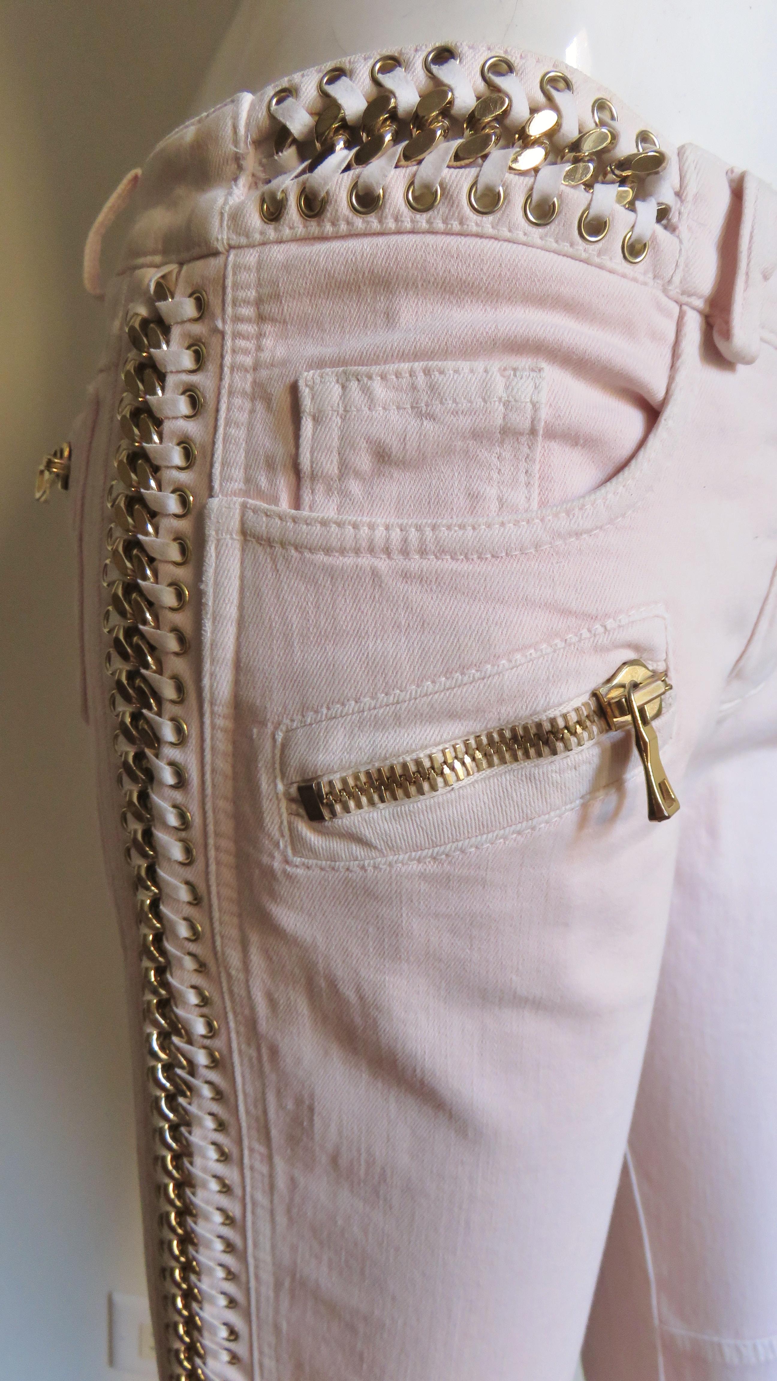 Pierre Balmian New Jeans with Leather and Chain Leg Lacing In New Condition For Sale In Water Mill, NY