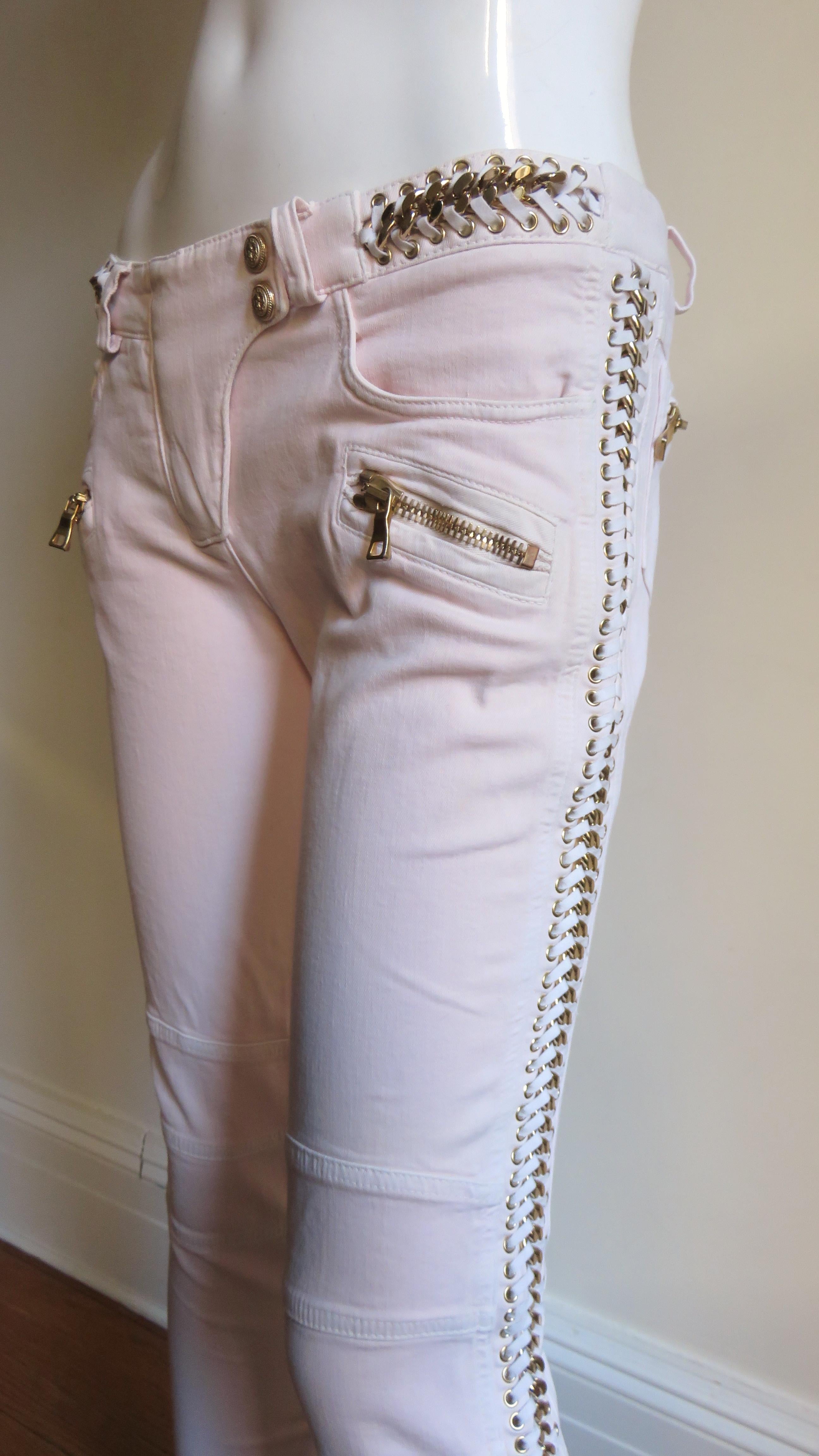 Pierre Balmian New Jeans with Leather and Chain Leg Lacing For Sale 2