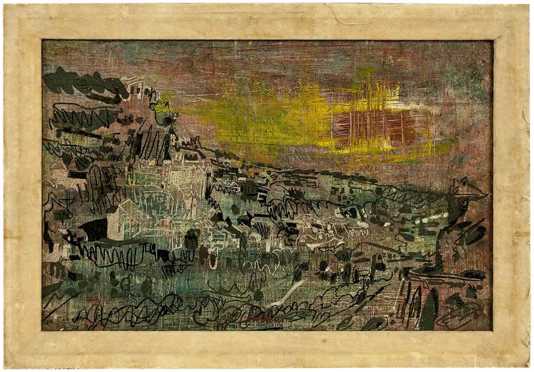 Pierre (Baron) Courtens Abstract Painting - Rocamadour, Modernist Abstract Architectural Village Landscape
