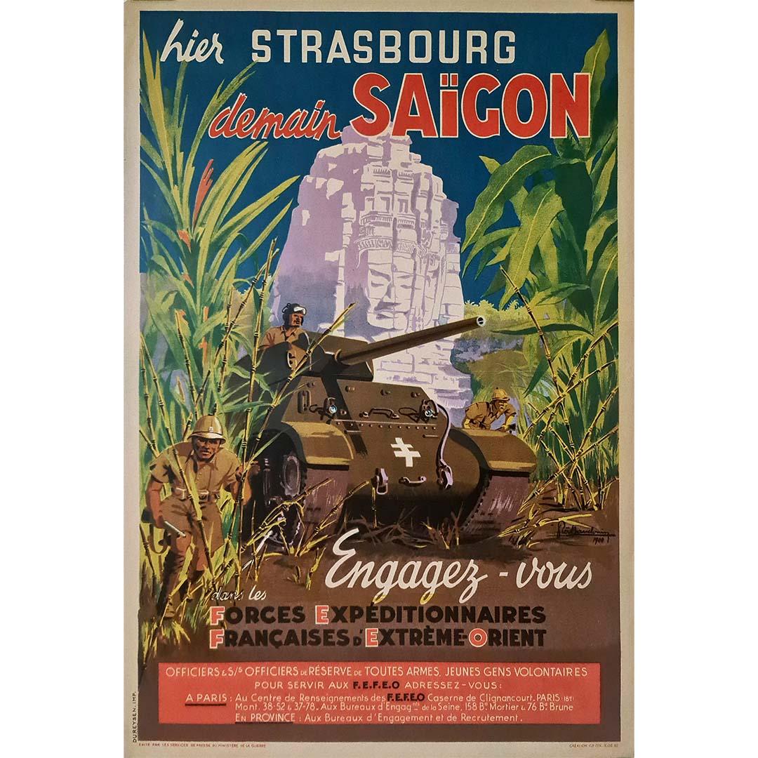 Pierre Baudouin Print - 1944 recruitment poster “Hier Strasbourg, demain Saïgon” by Baudouin - WWII