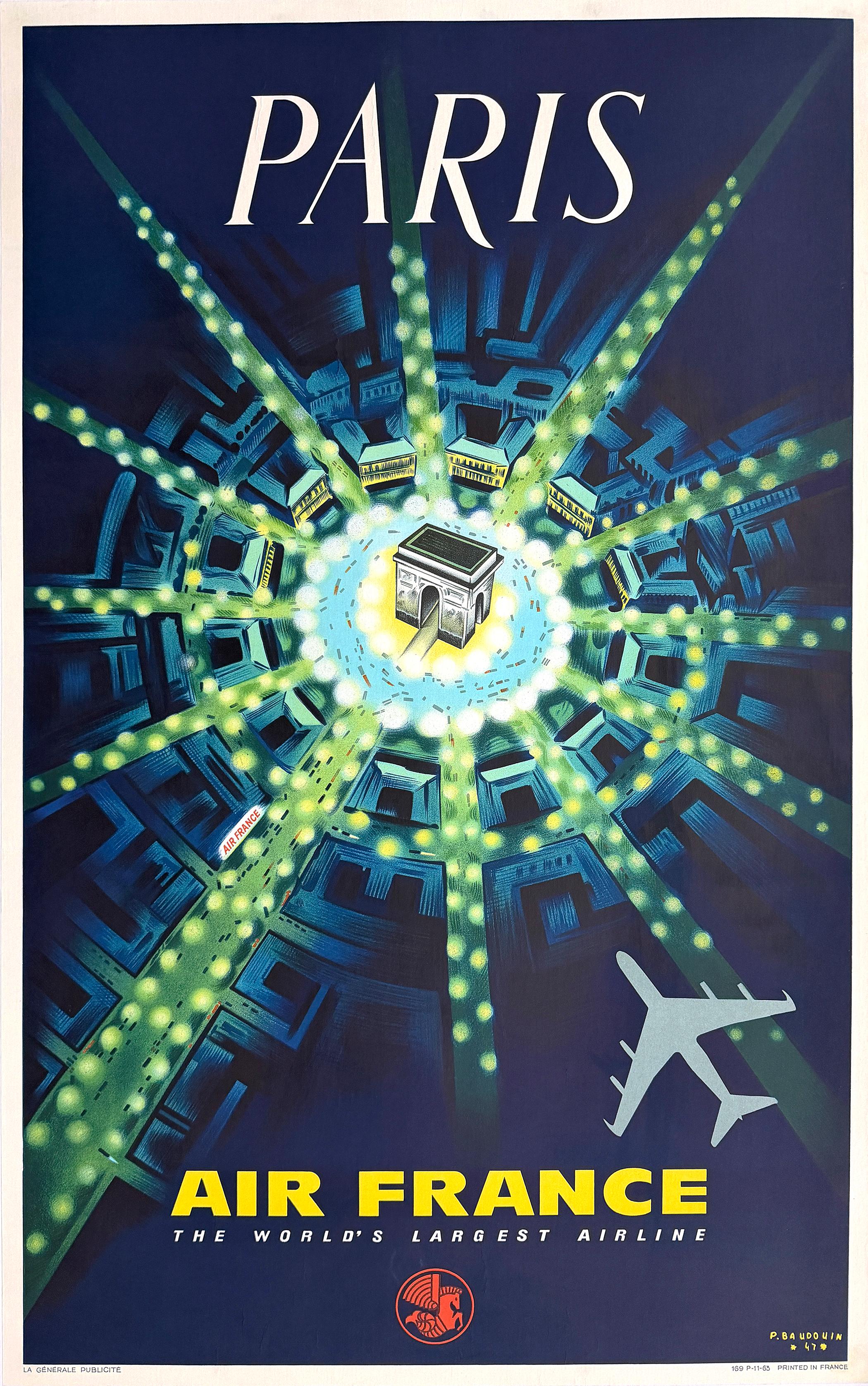 Print Pierre Baudouin - Affiche originale « Vintage Air France » représentant l'Arc de Triomphe à Paris, 1963, par Pierre Baudoin