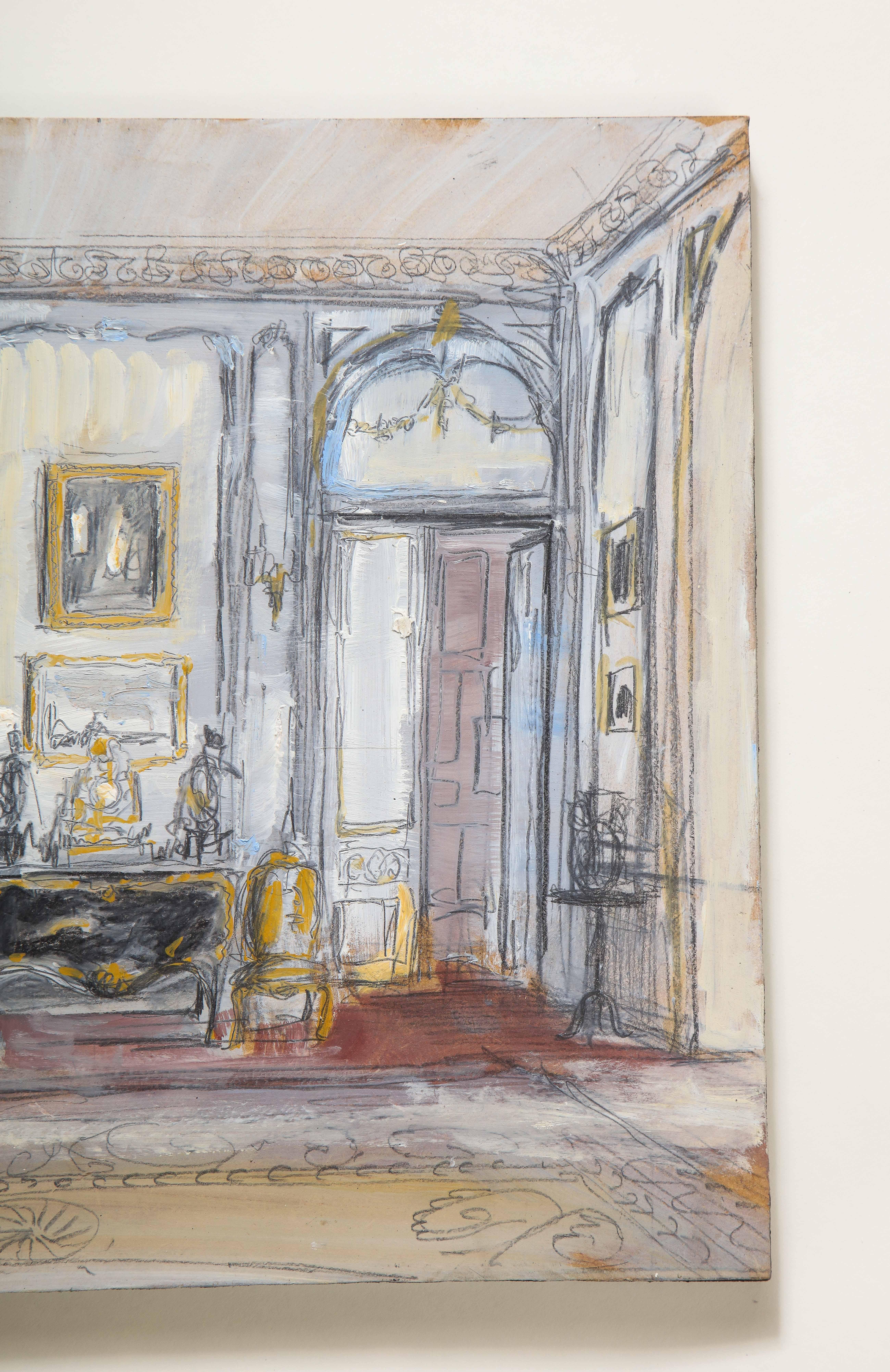 Drawing Room de Jayne Wrightsman, 820 Fifth Avenue, New York - Gris Interior Painting par Pierre Bergian
