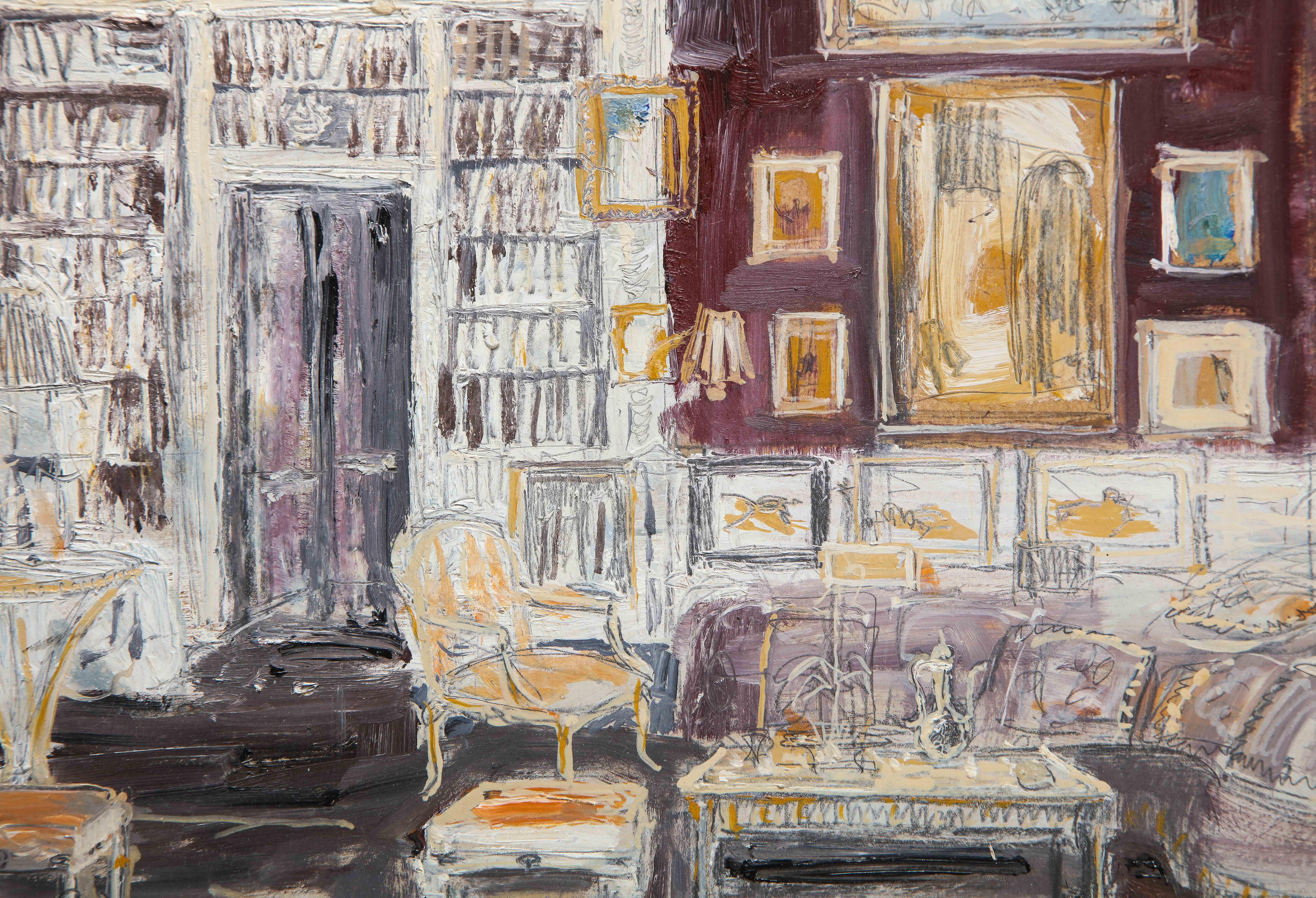Living Room of Kenneth Jay Lane, 23 Park Avenue, New York - Gray Interior Painting by Pierre Bergian