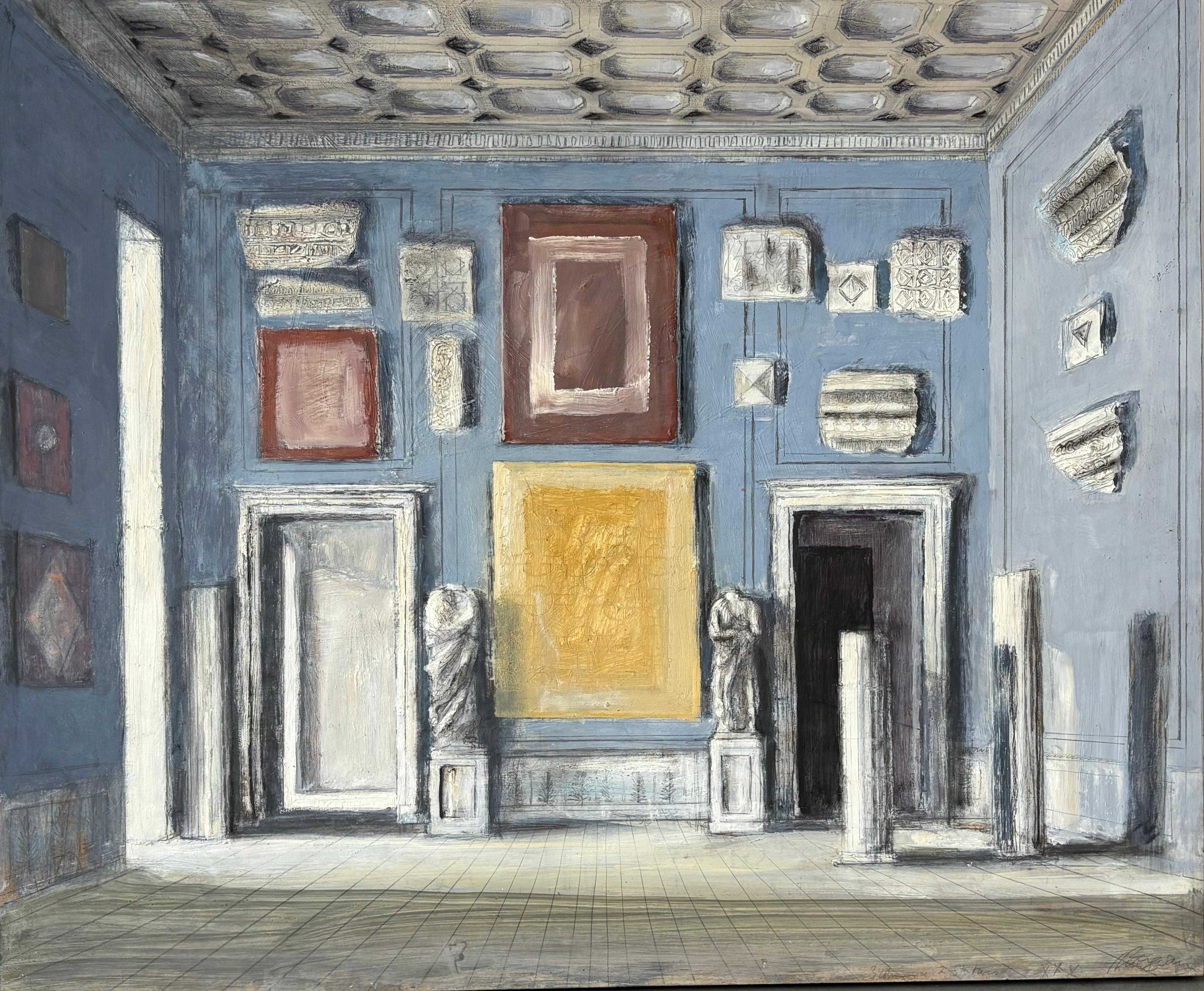 Pierre Bergian Interior Painting – Drei Säulen und drei Statuen