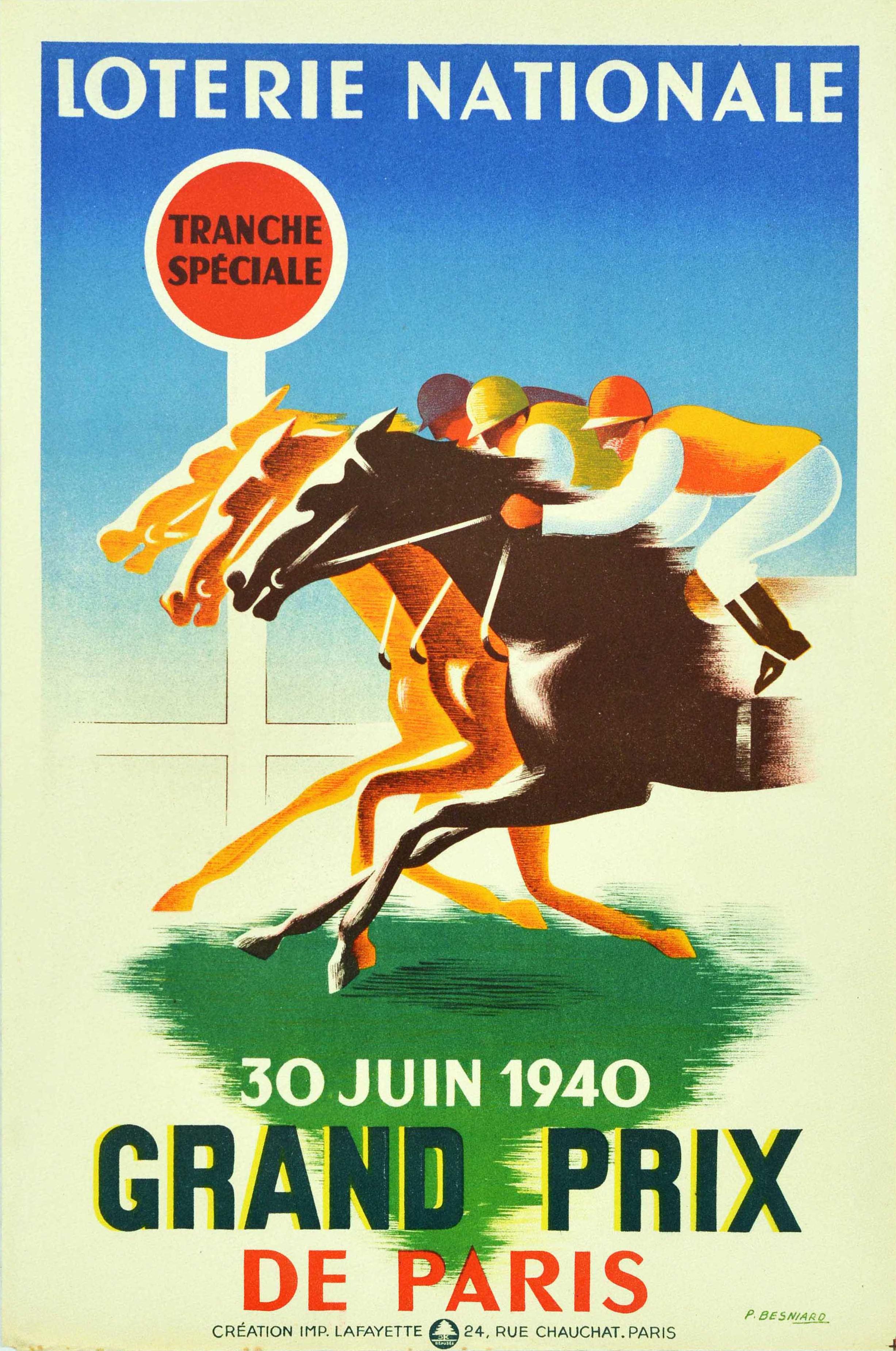 Pierre Besniard Print - Original Vintage Advertising Poster Loterie Nationale Grand Prix Horse Racing