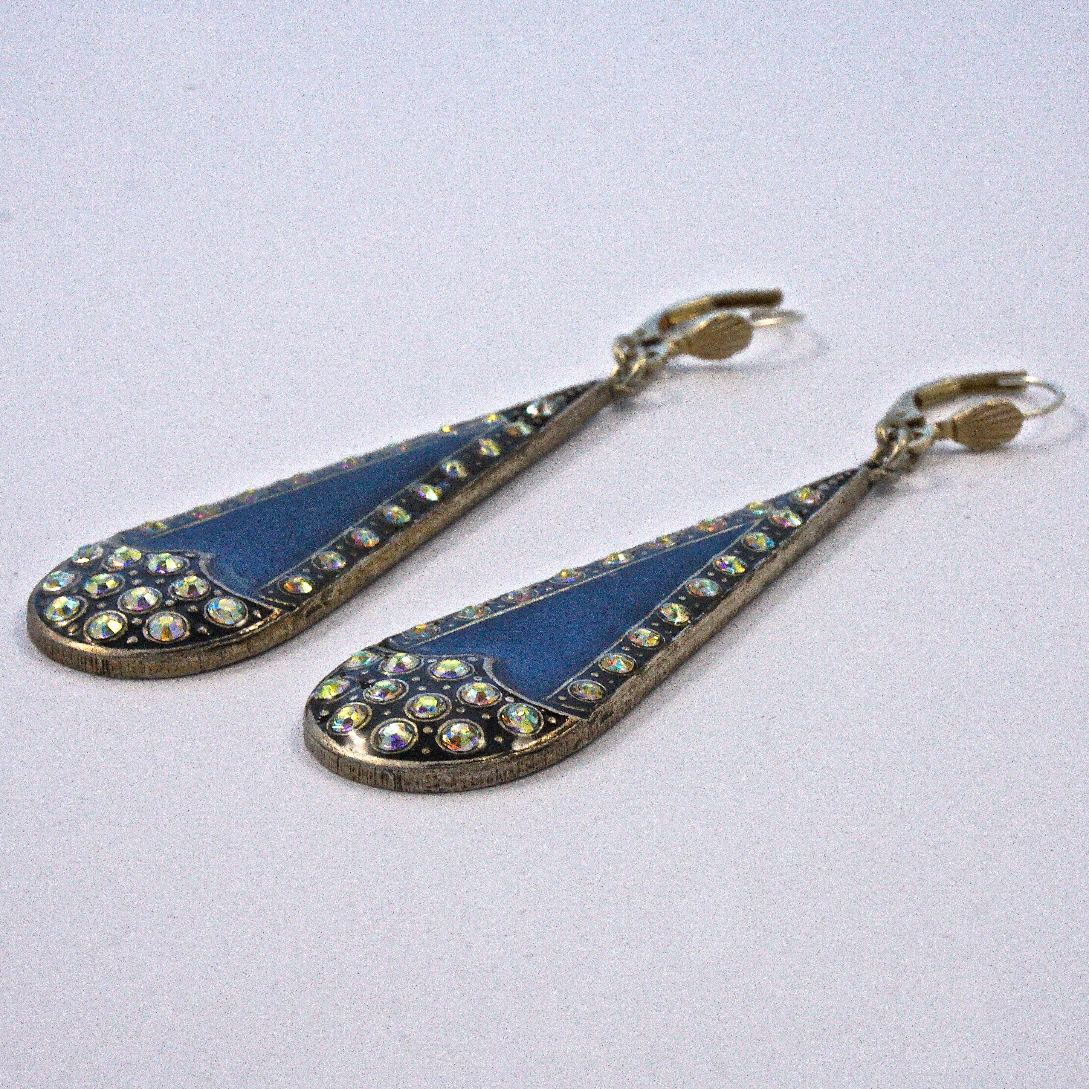 Pierre Bex antique finish silver plated Art Deco style lever back drop earrings, featuring mid blue enamel and golden aurora borealis crystal rhinestones. They measure length 5.2cm / 2 inches, not including the hooks. The earrings are in very good