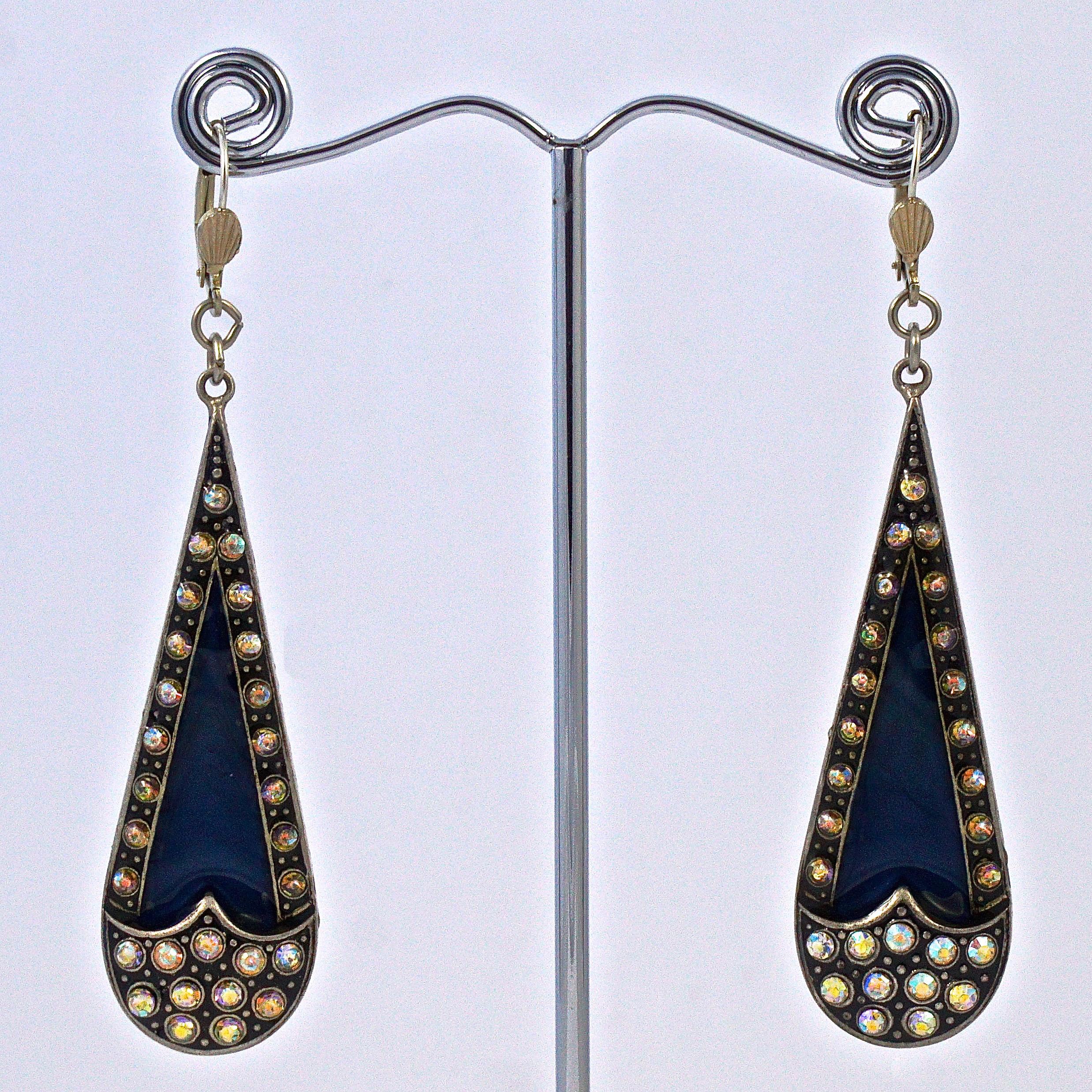 Women's or Men's Pierre Bex Art Deco style Mid Blue Enamel Golden Aurora Borealis Drop Earrings