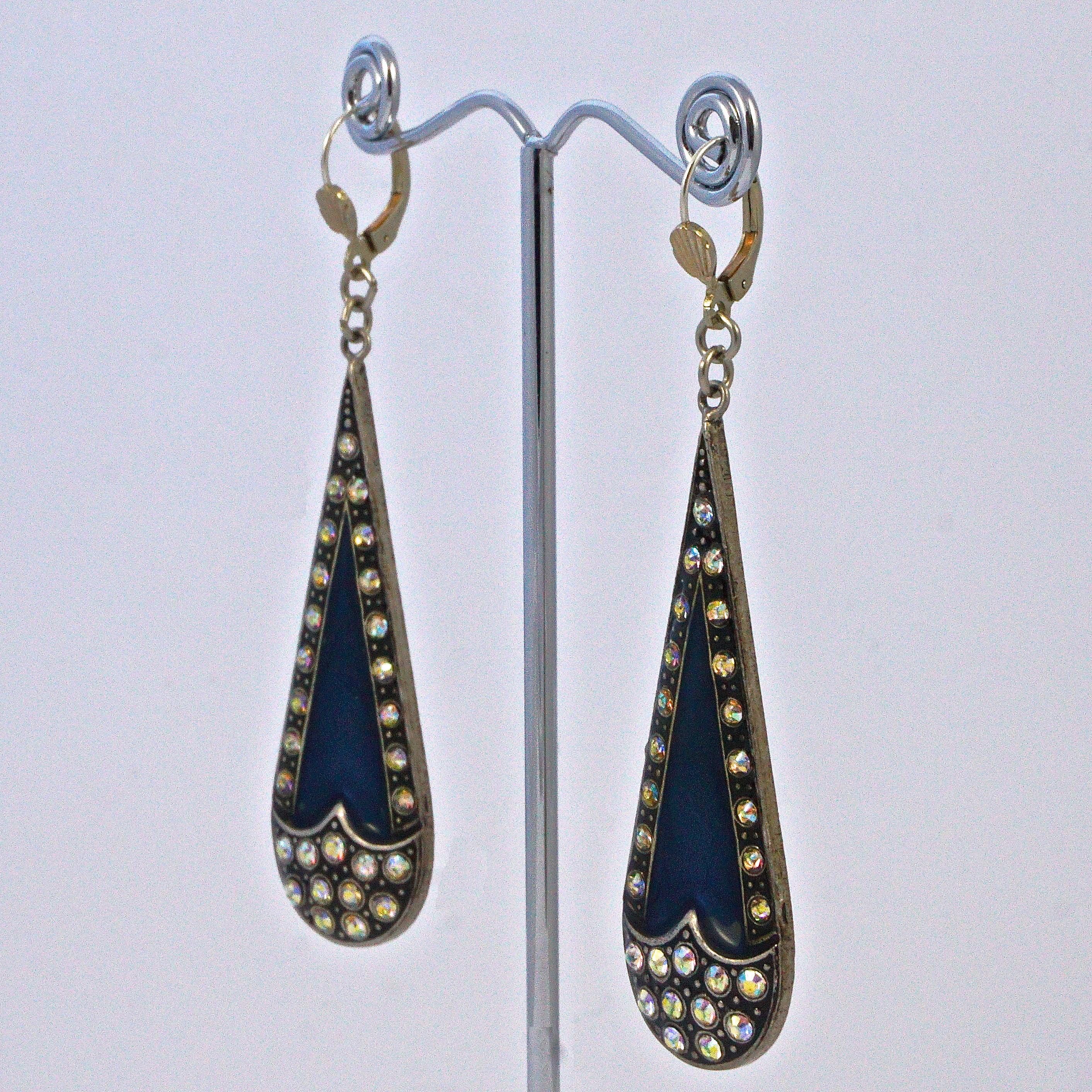 Pierre Bex Art Deco style Mid Blue Enamel Golden Aurora Borealis Drop Earrings 1