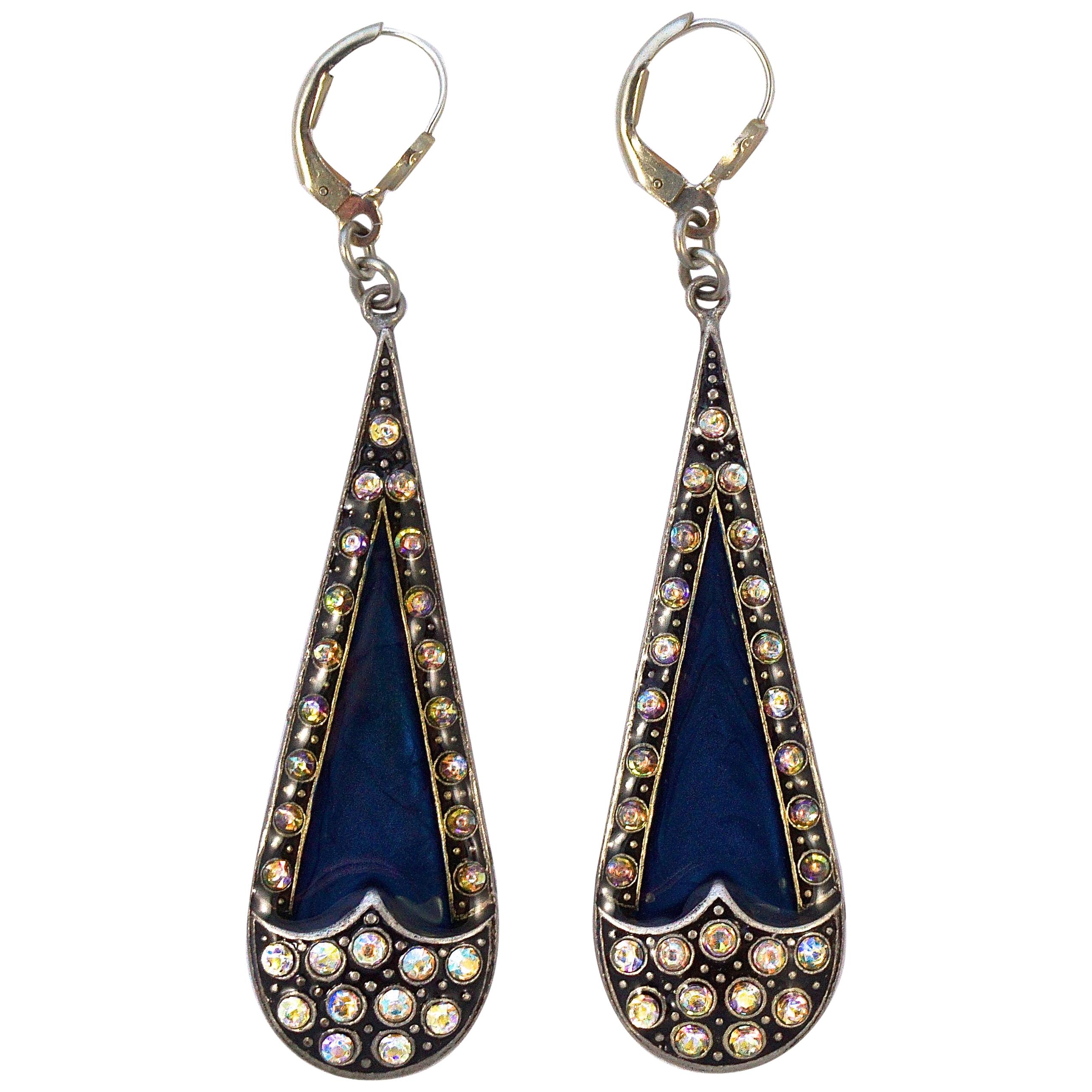 Pierre Bex Art Deco style Mid Blue Enamel Golden Aurora Borealis Drop Earrings