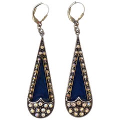 Pierre Bex Art Deco style Mid Blue Enamel Golden Aurora Borealis Drop Earrings